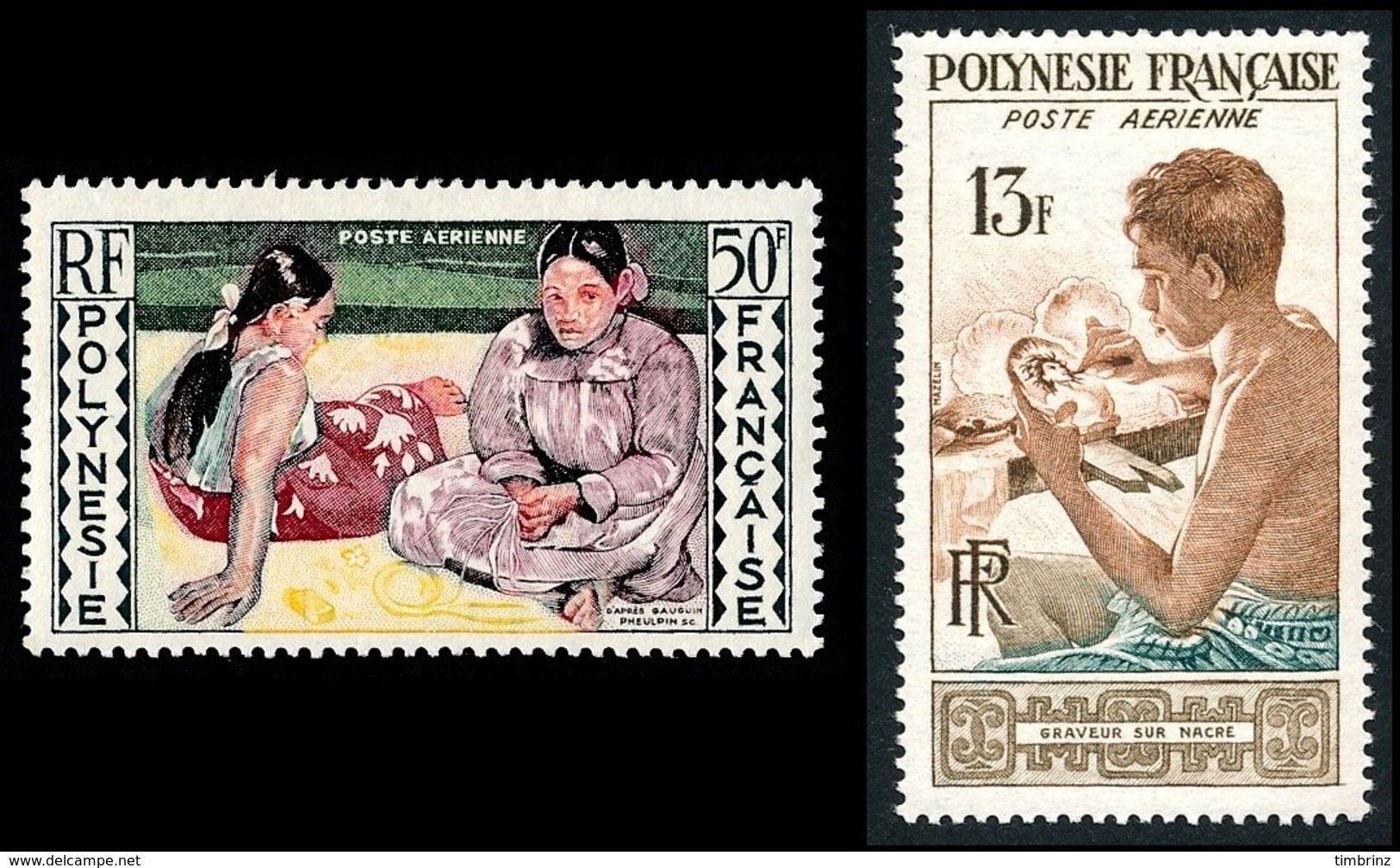 POLYNESIE 1958 - Yv. PA 1 Et 2 *   Cote= 23,50 EUR - Graveur Sur Nacre Et Tableau Gauguin  ..Réf.POL24613 - Neufs