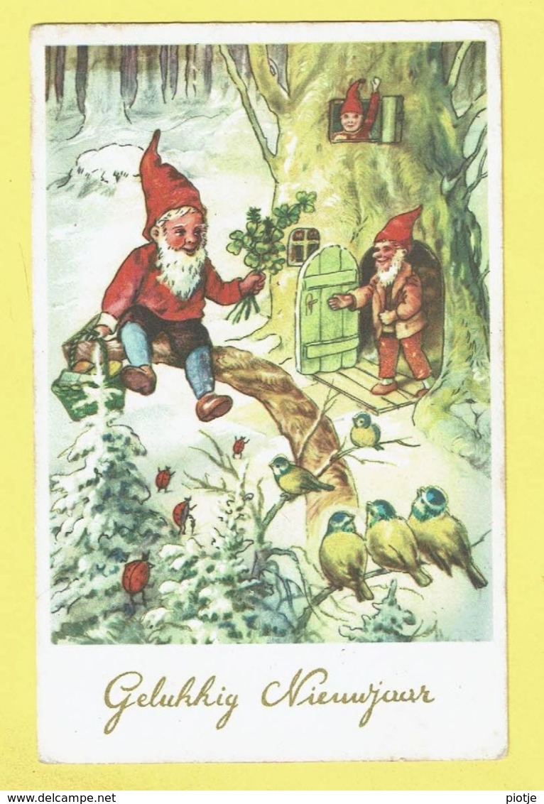 * Fantaisie - Fantasy - Fantasie * (JC) Bonne Année, Kabouter, Dwarf, Gnome, Gnomo, Oiseau, Bird, Snow, Neige, Trèfle - Nieuwjaar