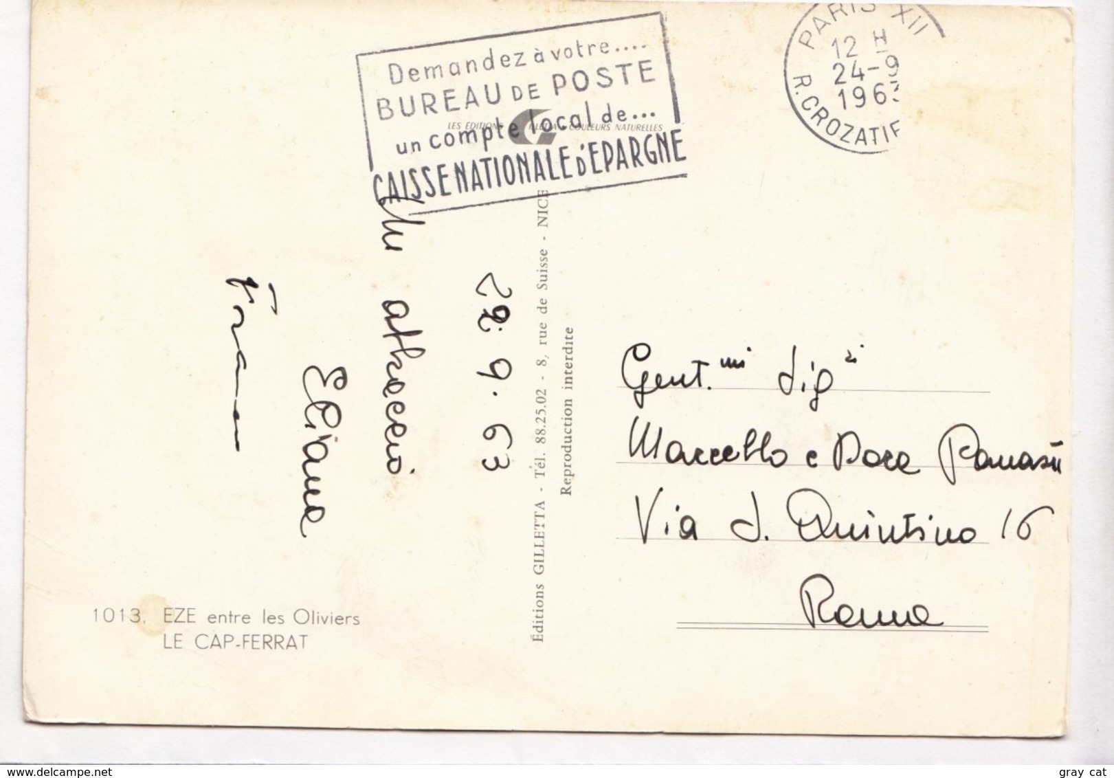 EZE Entre Les Oliviers, LE CAP-FERRAT, 1963 Used Postcard [23619] - Eze