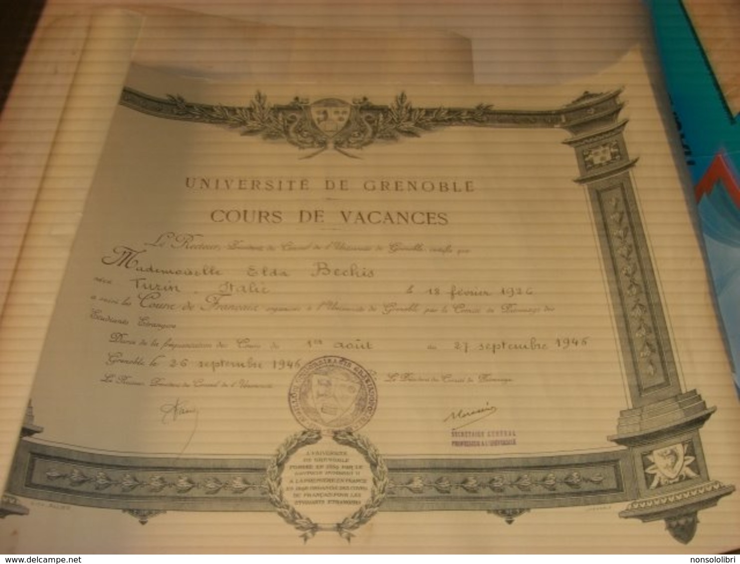 DIPLOMA UNIVERSITE' DE GRENOBLE COURS DE VACANCES 1946 - Diplomi E Pagelle