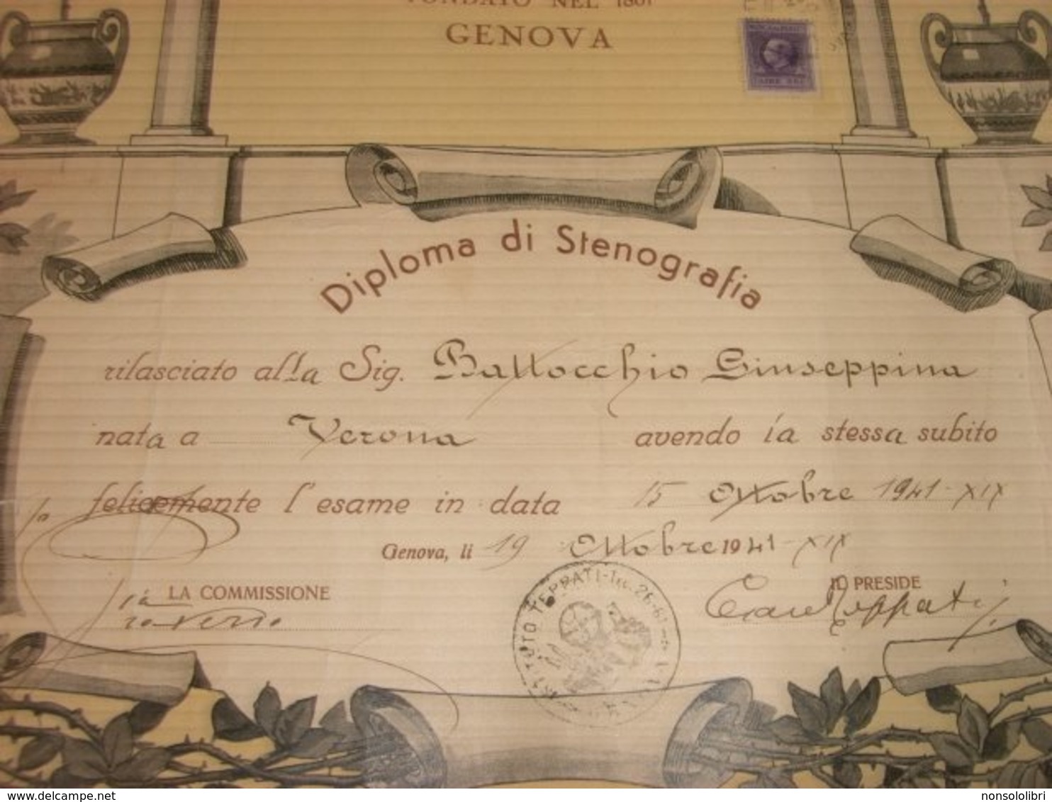 DIPLOMA STENOGRAFIA ISTITUTO TEPPATI GENOVA 1941 - Diplomi E Pagelle