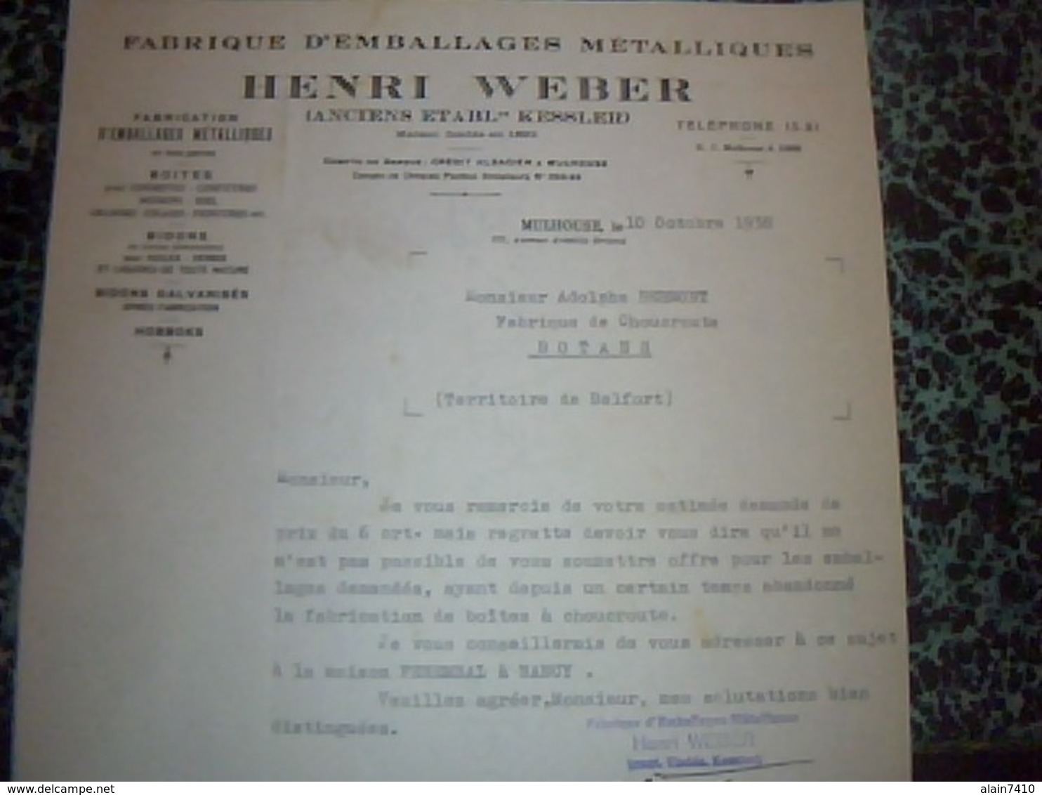 Facture  Lettre A Entete   Fabrique D Emballages Métallique HENRY WEBER à Botans Territoire De Belfort 1938 - Sonstige & Ohne Zuordnung