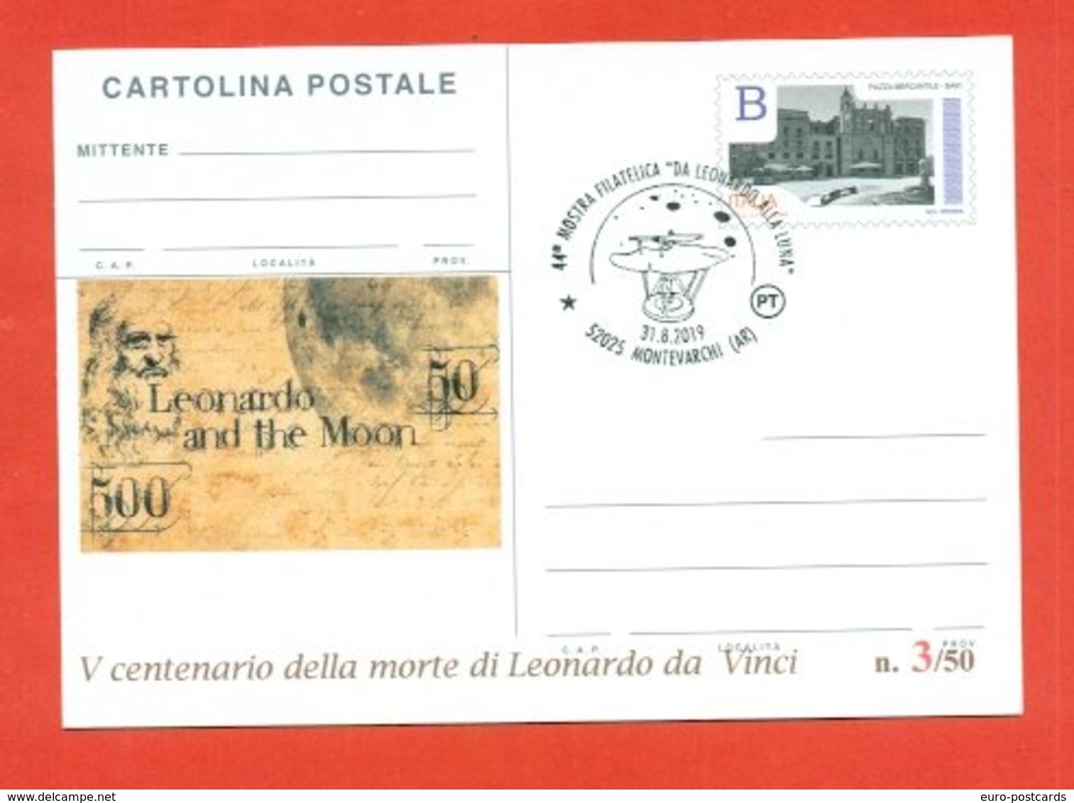 INTERI POSTALI-INTERO POSTALE SOPRASTAMPA PRIVATA-MONTEVARCHI--LEONARDO DA VINCI-MARCOFILIA-MOSTRE - Entero Postal