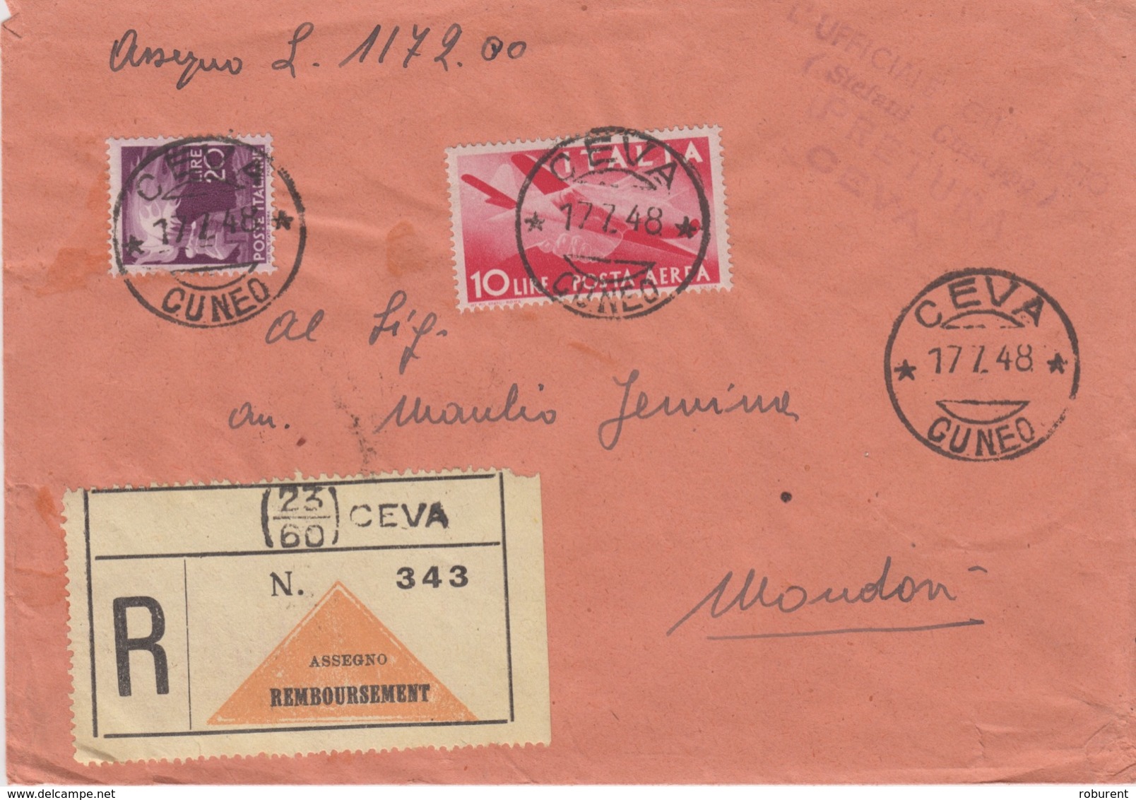 447 -  - STORIA POSTALE - BUSTA - DA CUNEO A CEVA CON RICEVUTA - 1946-60: Storia Postale