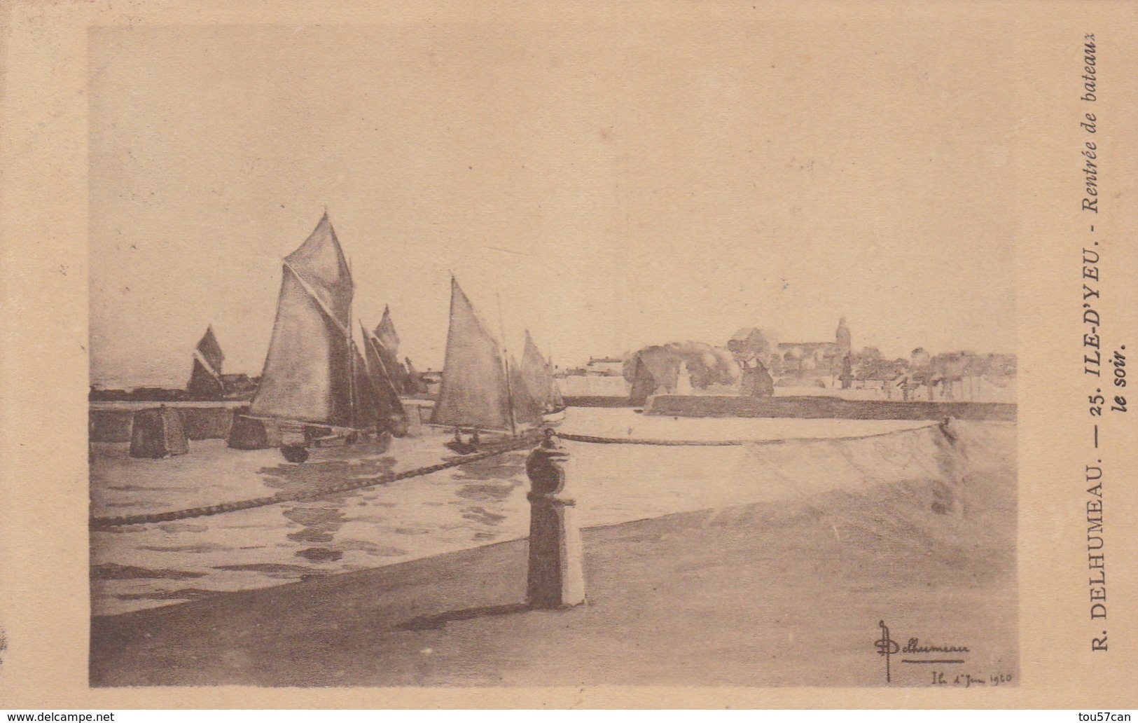 ÎLE D'YEU - VENDÉE - (85) - CPA 1927 - PEINTURE R.DELHUMEAU - BEL AFFRANCHISSEMENT POSTAL. - Ile D'Yeu