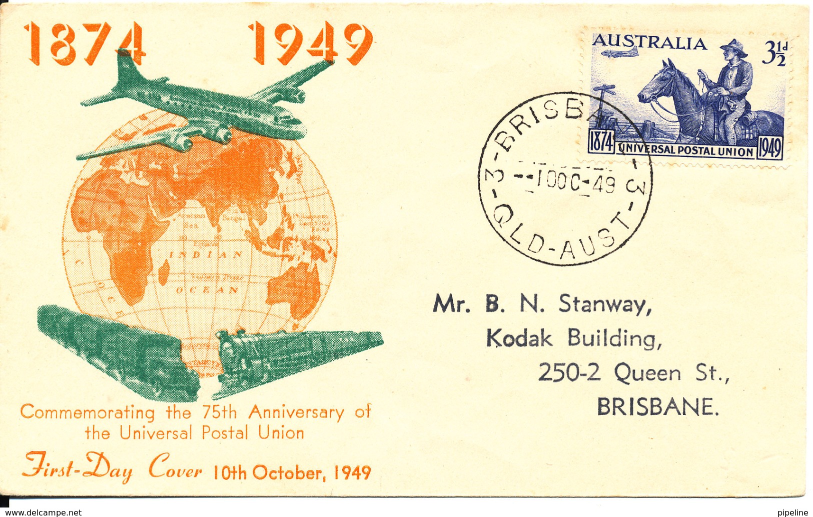 Australia FDC 10-10-1949 UPU 75th Anniversary With Cachet - FDC