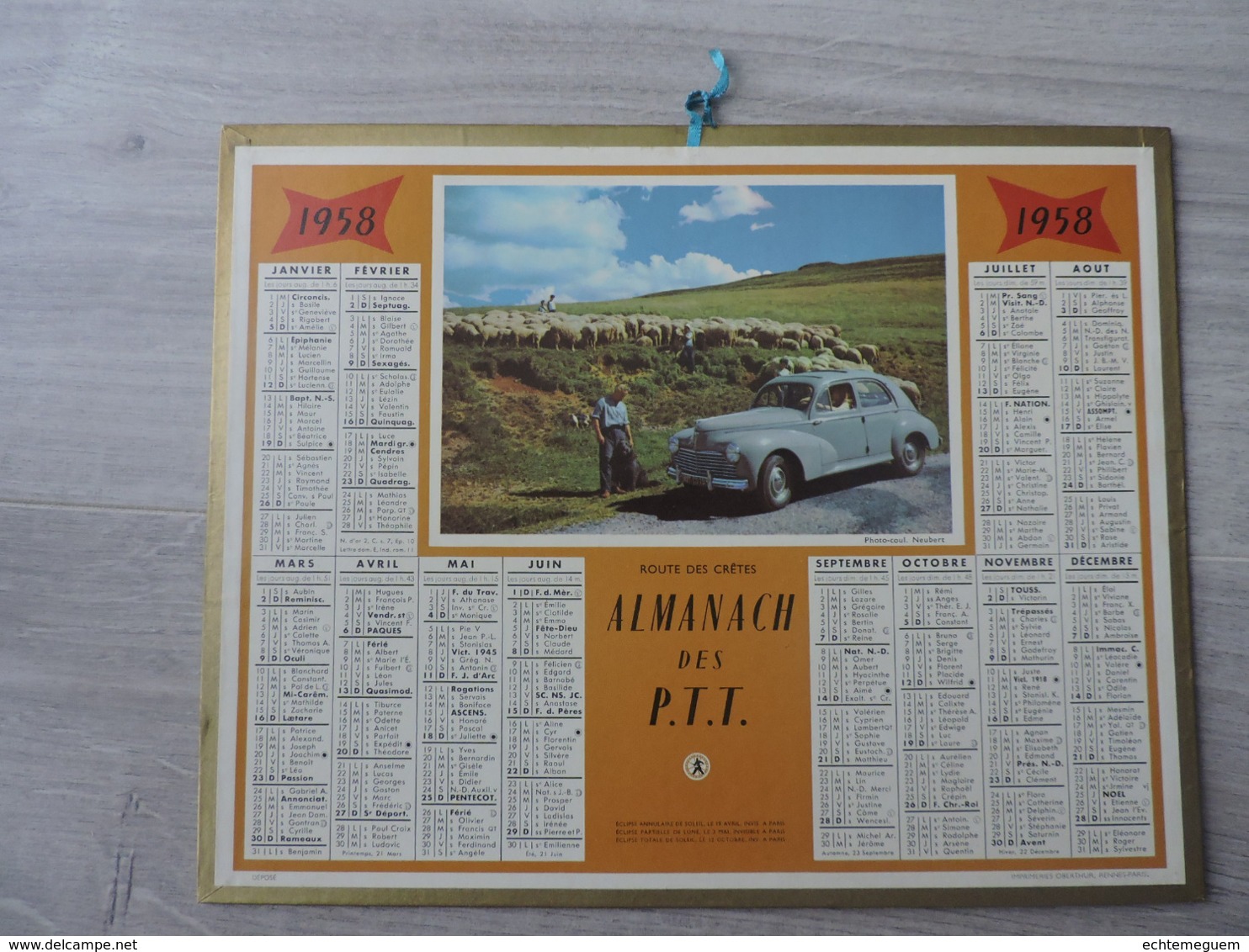 Calendrier  PTT 1958 Almanach Poste 54 - Route Des Crêtes Vosges Peugeot 203 Moutons Berger - Petit Format : 1961-70