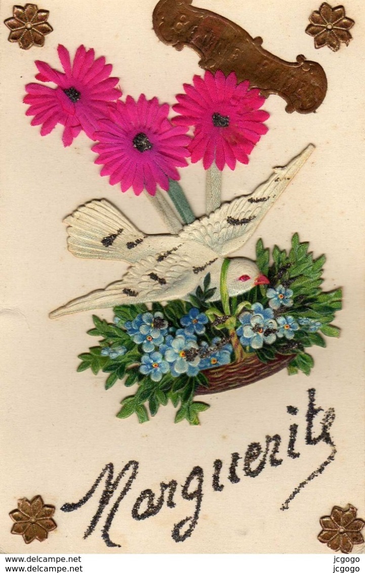 FÊTES-VOEUX  BONNE FÊTE   MARGUERITE   Chromo  Découpis  Colombe, Panier De Myosotis, Marguerites - Autres & Non Classés