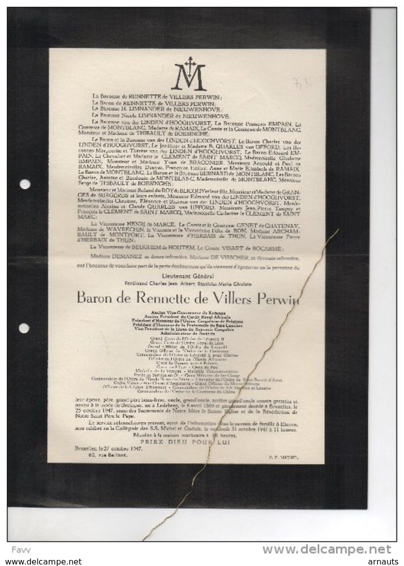Lieutenant Général De Rennette De Villers Perwin Katanga Gouverneur °Ledeberg 1869 +1947 Ekeren Vander Linden D'Hoogvors - Avvisi Di Necrologio