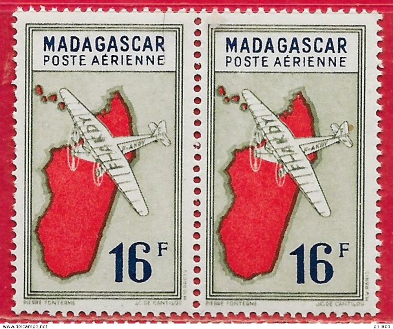 Madagascar PA N°38 & 38a Variété 16F Rouge, Olive & Bleu 1942-44 (6 Avec Crochet) ** - Luchtpost