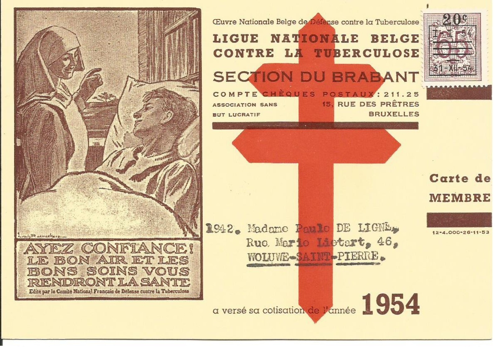 Belgium Antituberculosis Member'scard Year 1954 - Disease