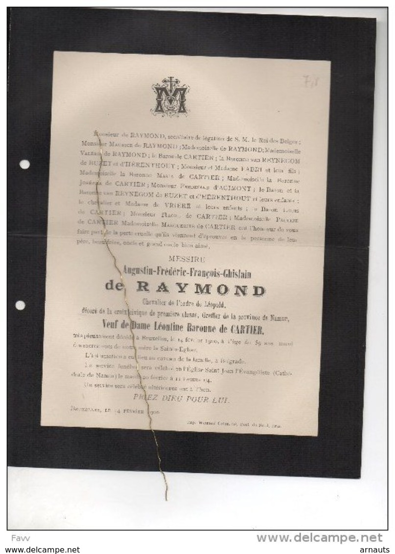 Augustin De Raymond Greffier Namur Veuf De Cartier °1841 + Bruxelles 14/2/1900 Belgrade Thon Forges Watermaal Bosvoorde - Avvisi Di Necrologio