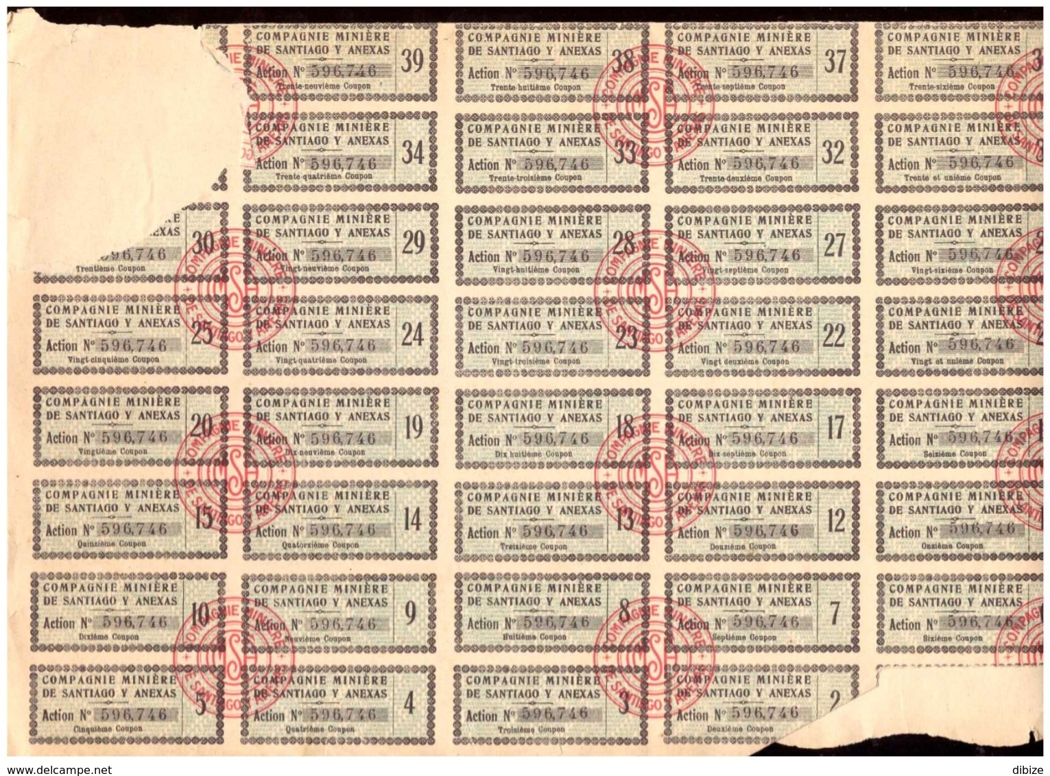 France. Action De 100 Francs Au Porteur 1928 + 36 Coupons. Compagnie Minière De Santiago Y Anexas. Déchirures - Mineral