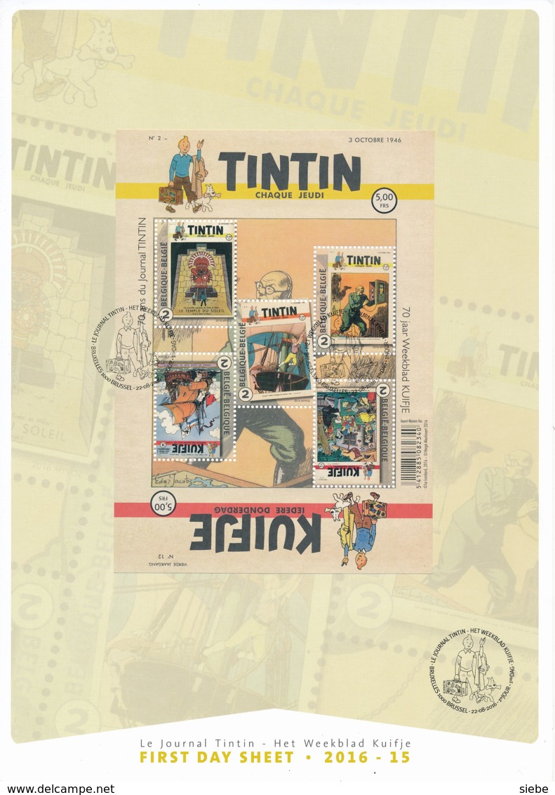 Journal TINTIN 70 Ans – émission 22-08-2016 - Feuillet Premier Jour - Bruxelles - Comics