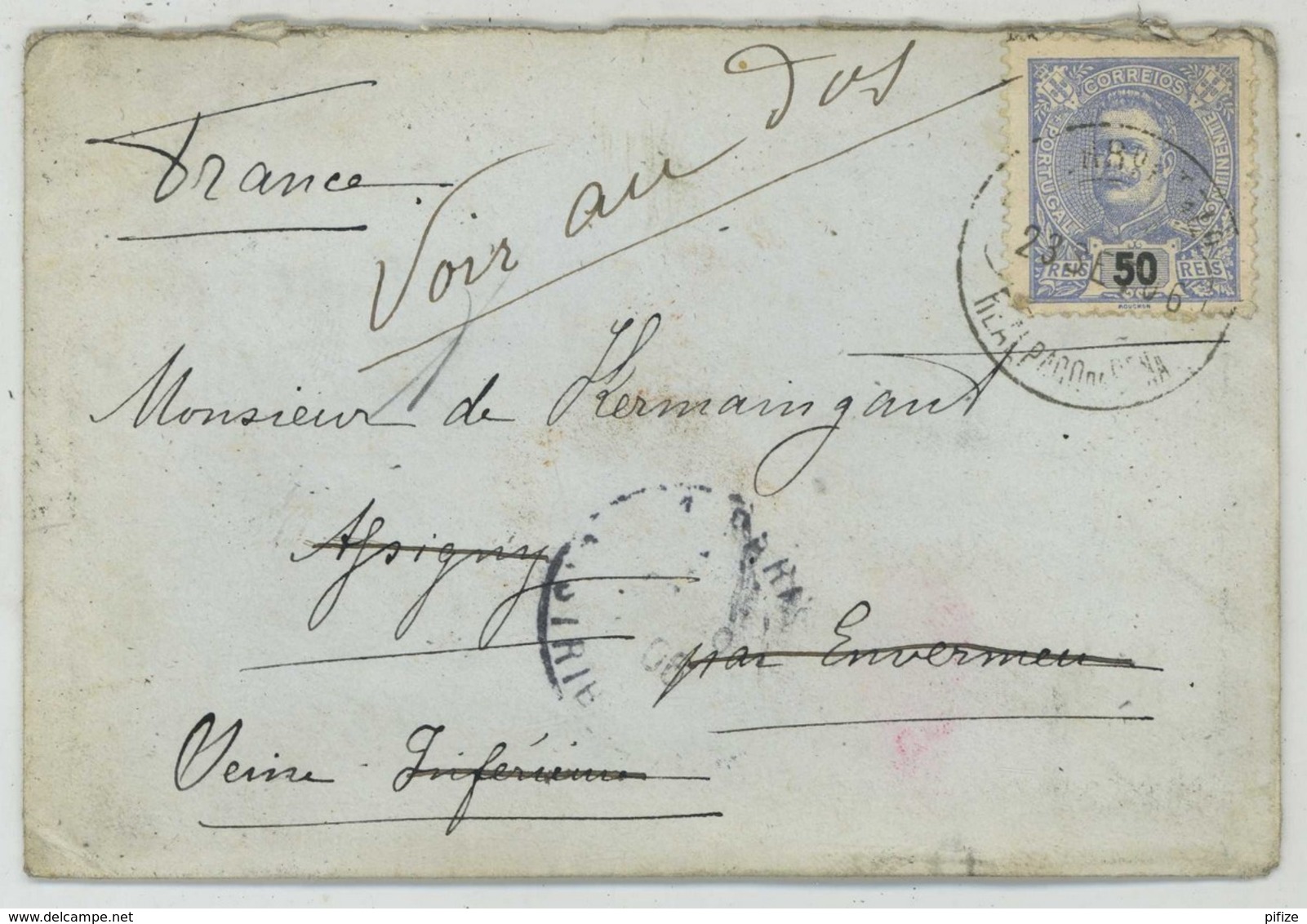 N° 133 / Enveloppe 1896 De Sintra (Paço Da Pena) Pour Envermeu Puis Paris . Cachet D'Amélie D'Orléans Reine Du Portugal - Lettres & Documents