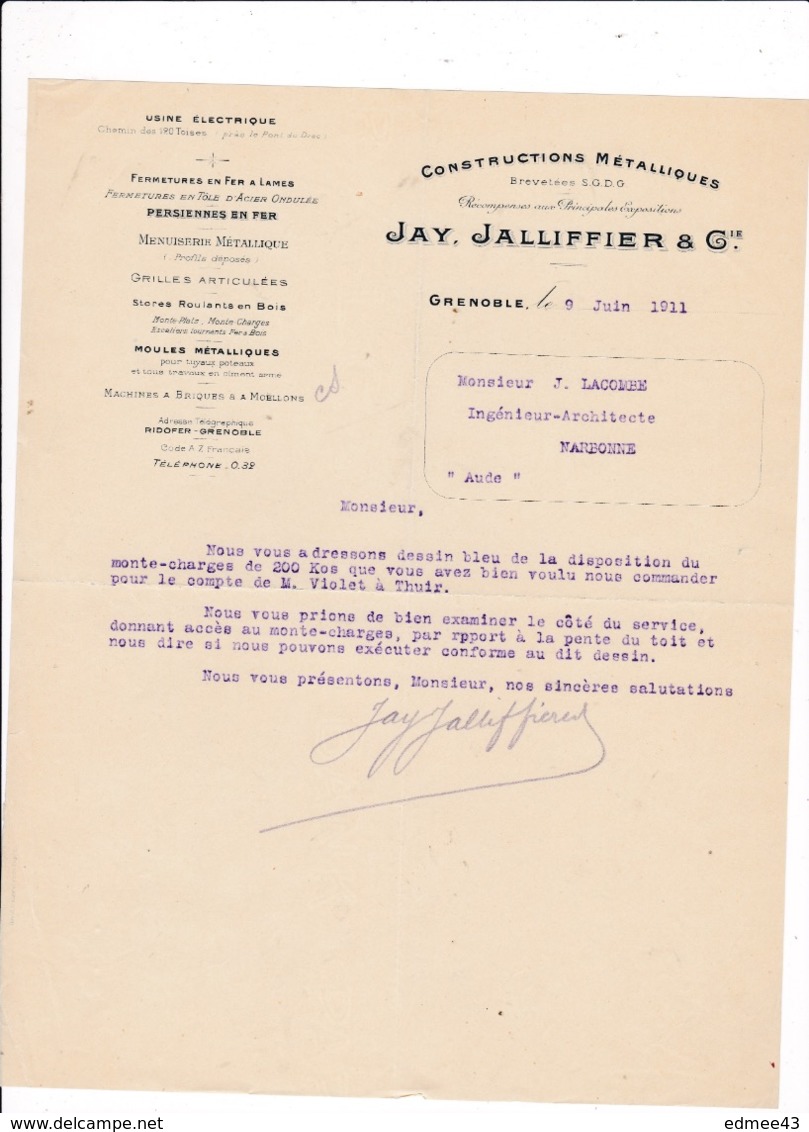 Courrier 1911 Constructions Métalliques Jay, Jallifier & Cie, Grenoble, Usine Chemin Des 120 Toises - Sonstige & Ohne Zuordnung