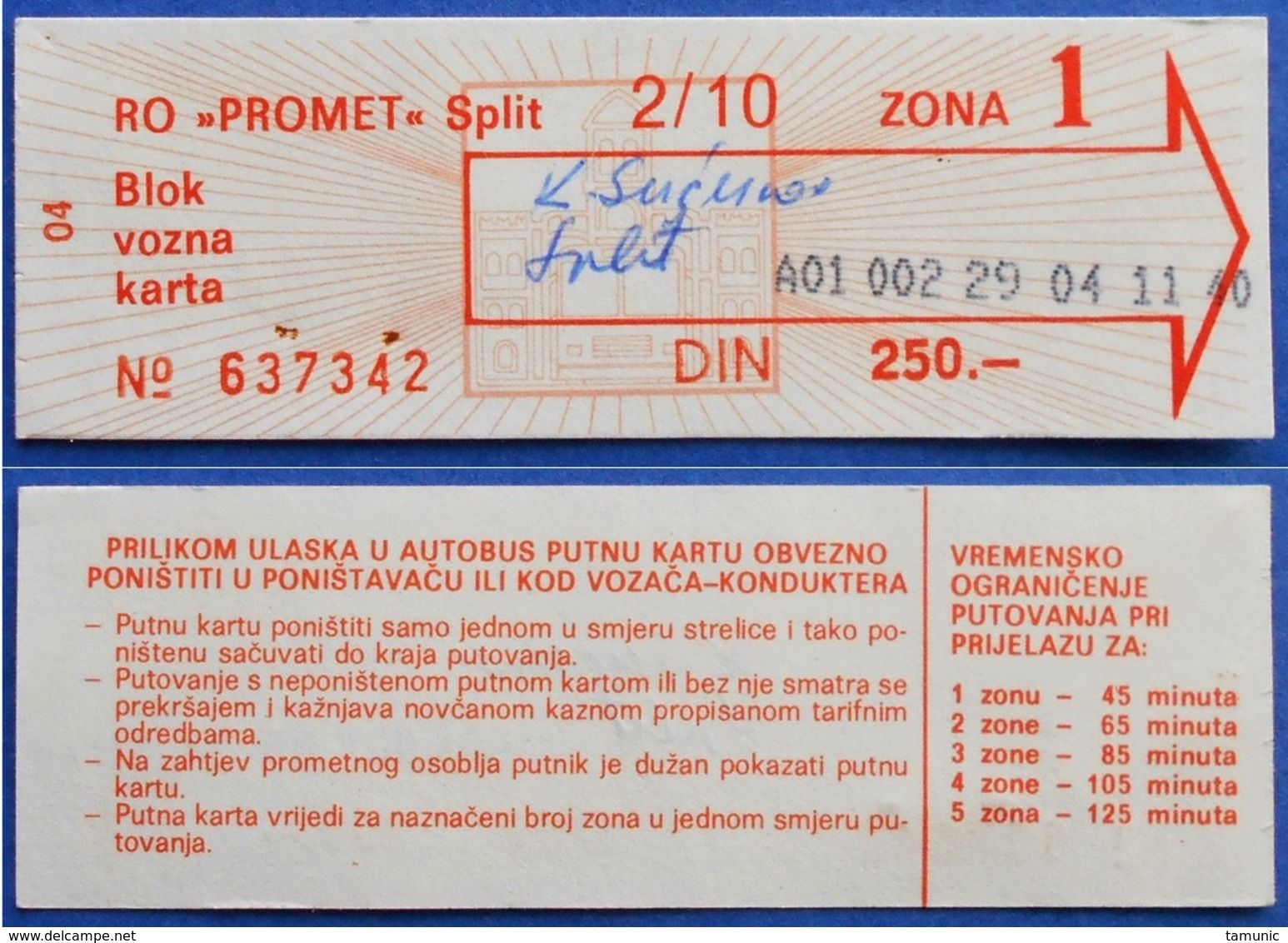 CROATIA OLD BUS TICKET 2/10 TIME ZONA 1 250.- Din.*PROMET* SPLIT - Europe