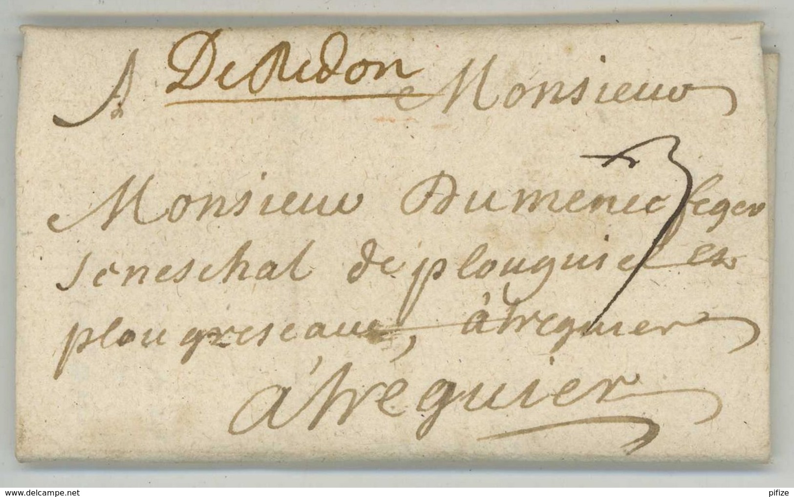 Marque Manuscrite "De Redon" + 3 Sols / LàC 1700 Pour Sénéchal De Plouguiel Et Plougrescant Près Tréguier . - ....-1700: Précurseurs