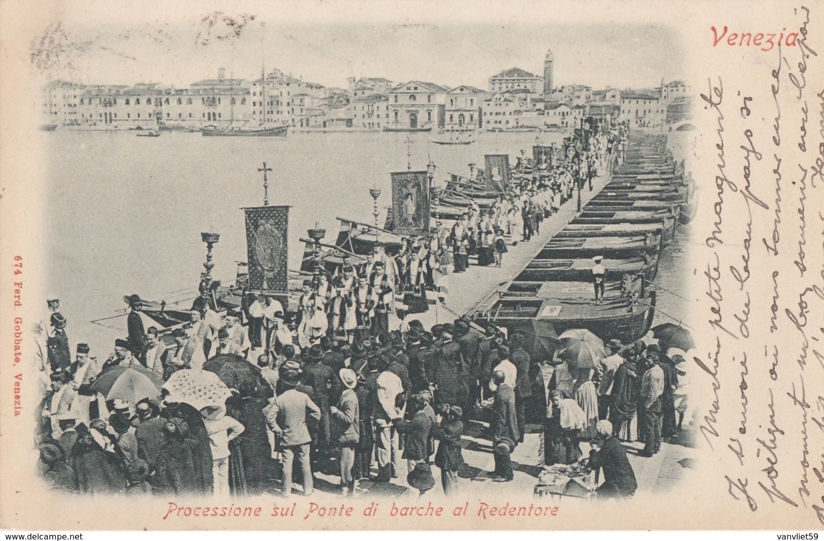 VENEZIA-PROCESSIONE SUL PONTE DI BARCHE AL REDENTORE-CARTOLINA VIAGGIATA IL 26-5-1903 - Venezia