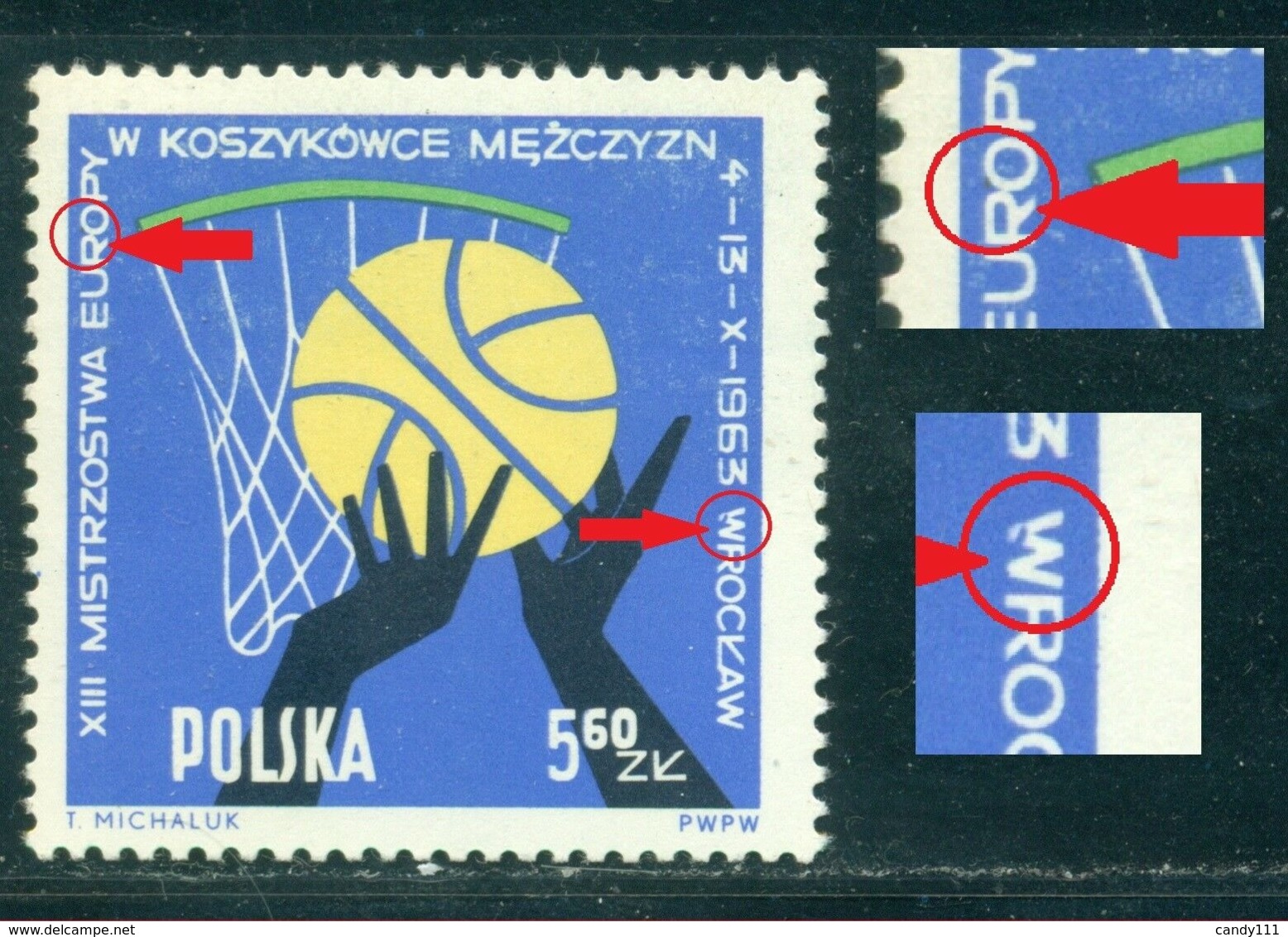 1963 Basketball European Champs,Poland,1423,Color Spot On 'O' And 'W',Error,MNH - Basketball