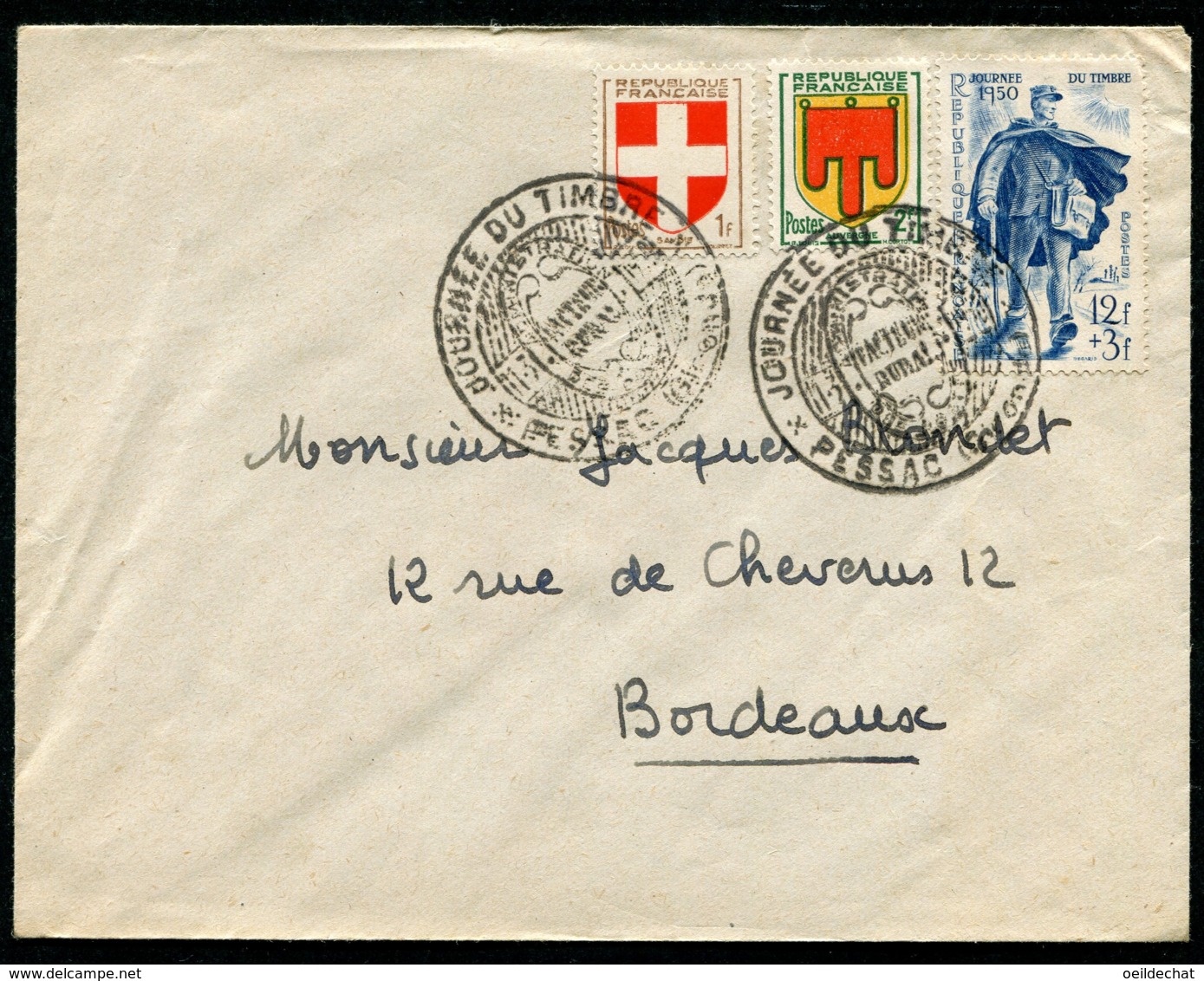 15115 FRANCE N°863 °12F+3F Bleu Journée Du Timbre 1950  Facteur Rural  OSI  Pessac Du 11.3.1950  TB - 1950-1959