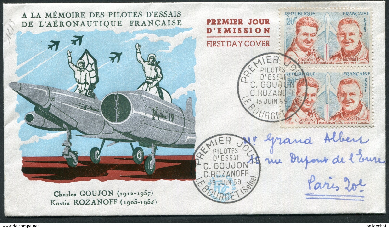 15119 FRANCE N°1213 ° 20F C. Goujon (1912-1957) K.Rozanoff (1905-1954) Pilotes D'Essais  P.J Le Bourget Du 13.6.59  B/TB - 1950-1959