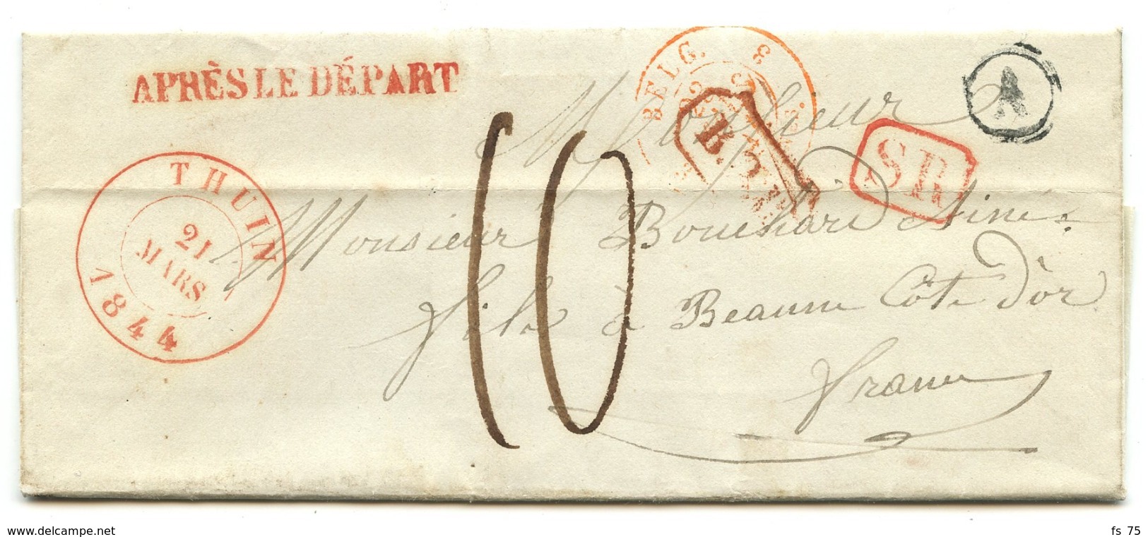 BELGIQUE - CAD THUIN + SR + BOITE A SUR LETTRE AVEC TEXTE DE GOZE POUR LA FRANCE, 1844 - 1830-1849 (Independent Belgium)