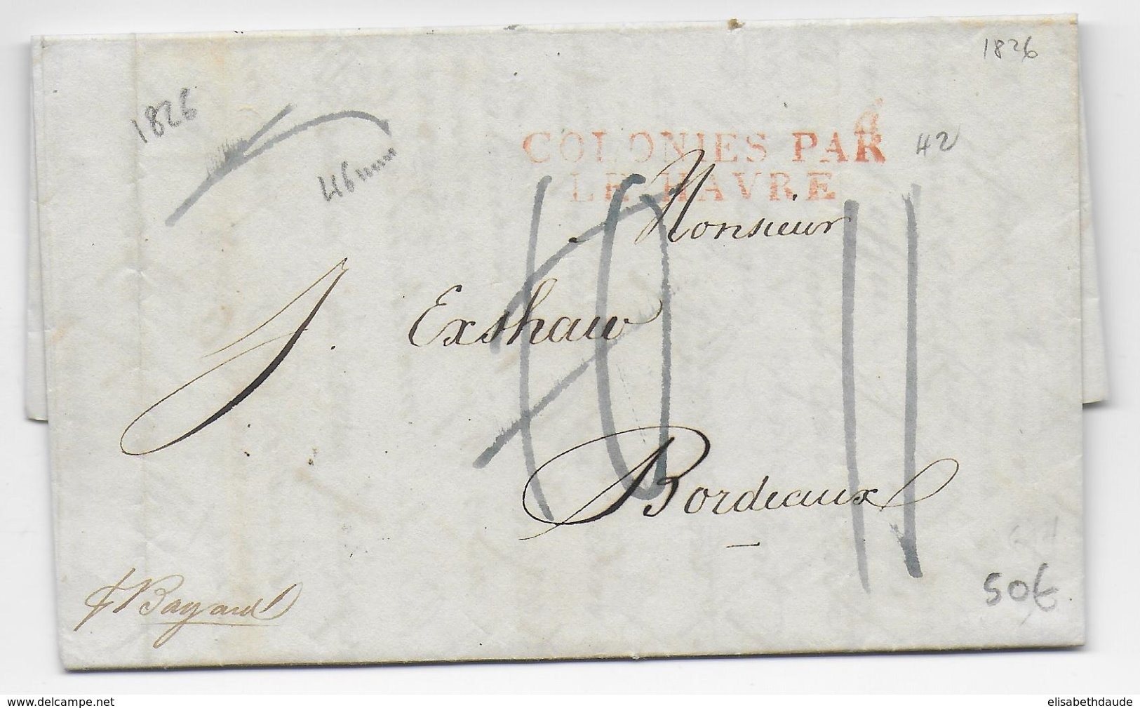 1826 - MARITIME - LETTRE De VERA CRUZ (MEXIQUE) => BORDEAUX - ENTREE COLONIES PAR LE HAVRE ROUGE + TAXE BLEU ! RECTIFIEE - Poste Maritime