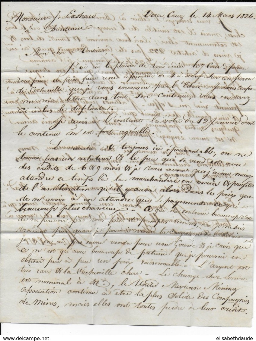 1826 - MARITIME - LETTRE De VERA CRUZ (MEXIQUE) => BORDEAUX - ENTREE COLONIES PAR LE HAVRE ROUGE + TAXE BLEU ! RECTIFIEE - Poste Maritime