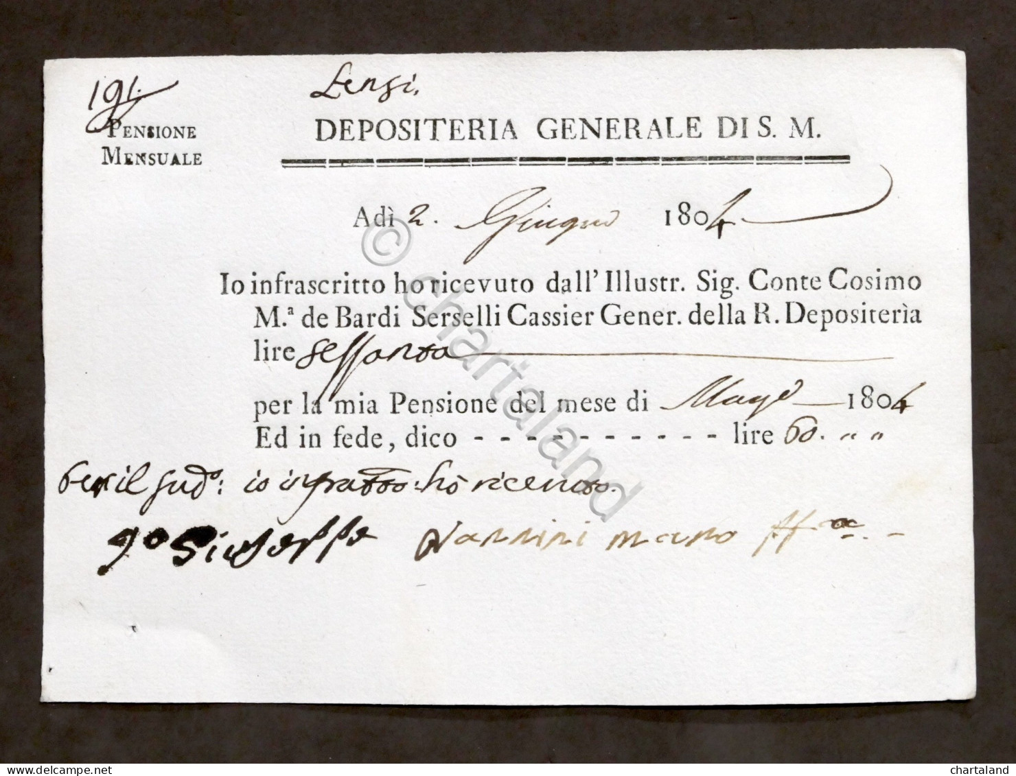 Depositeria Generale Di S.M. - Ricevuta Pensione Mensile - Giugno 1804 - Non Classificati