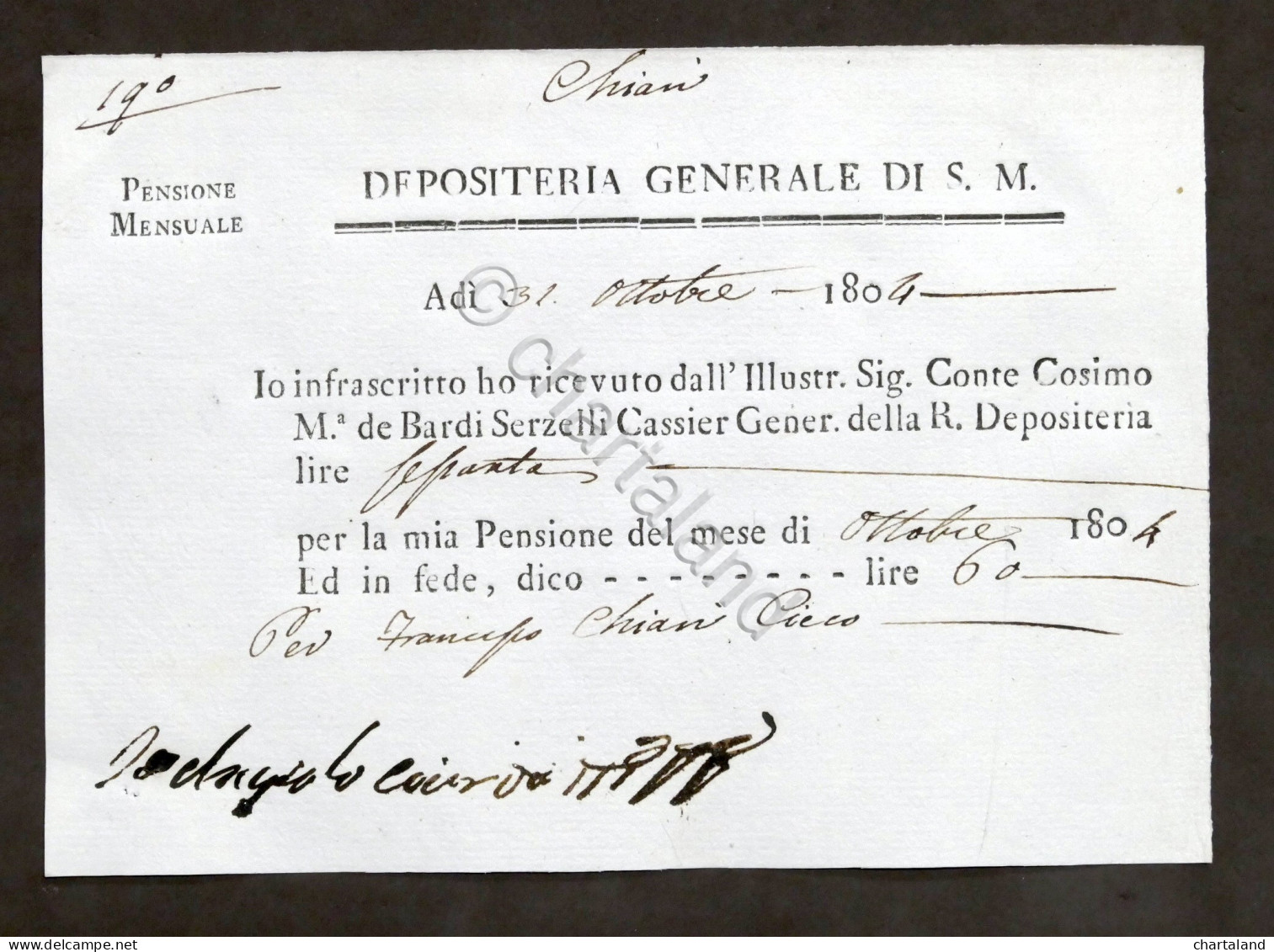 Depositeria Generale Di S.M. - Ricevuta Pensione Mensile - Ottobre 1804 - Non Classificati