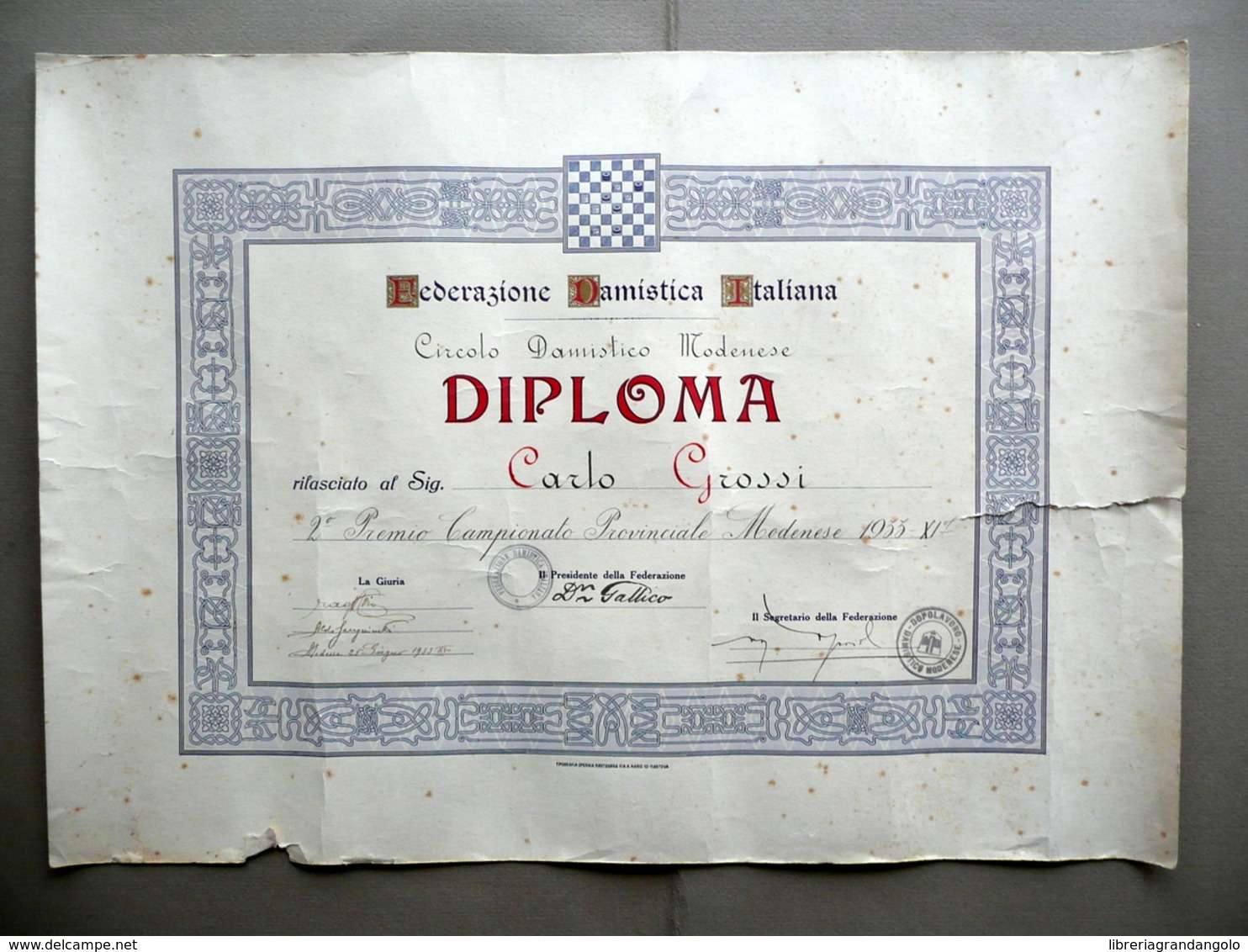 Diploma Federazione Damistica Italiana Circolo Modenese 2° Premio 1933 Modena - Non Classificati