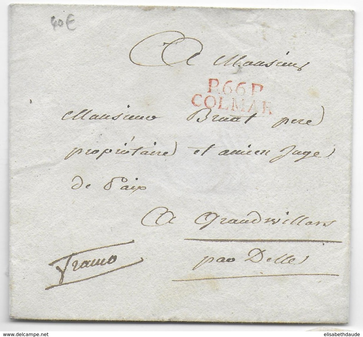 1817/20 - HAUT-RHIN - ENVELOPPE De COLMAR MARQUE LINEAIRE PORT PAYE ROUGE 25X8.5 - IND 16 => GRANDVILLARS Par DELLE - 1801-1848: Précurseurs XIX