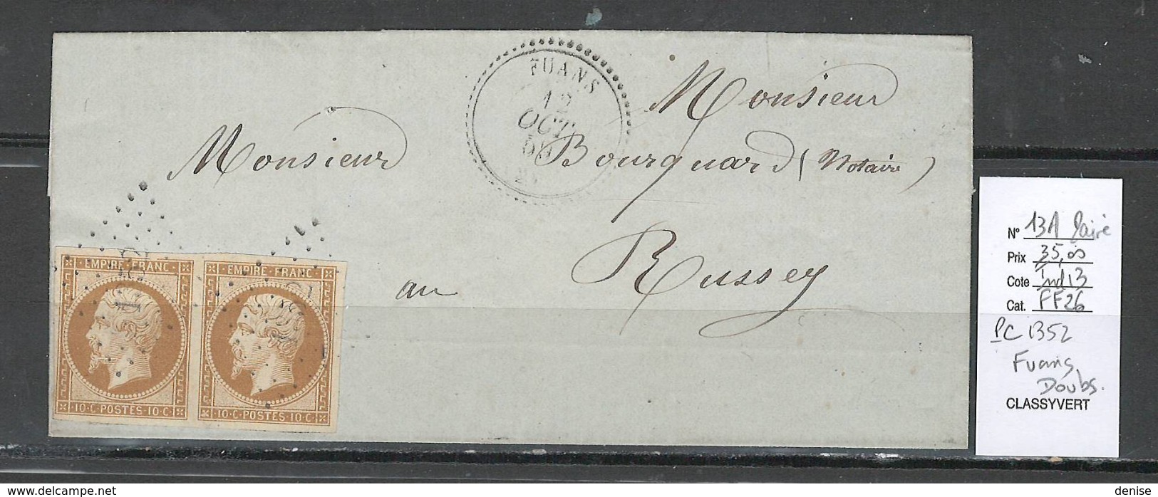 France -Lettre - Yvert 13A En Paire- PC 1352 -FUANS - Doubs -1859 - 1849-1876: Période Classique