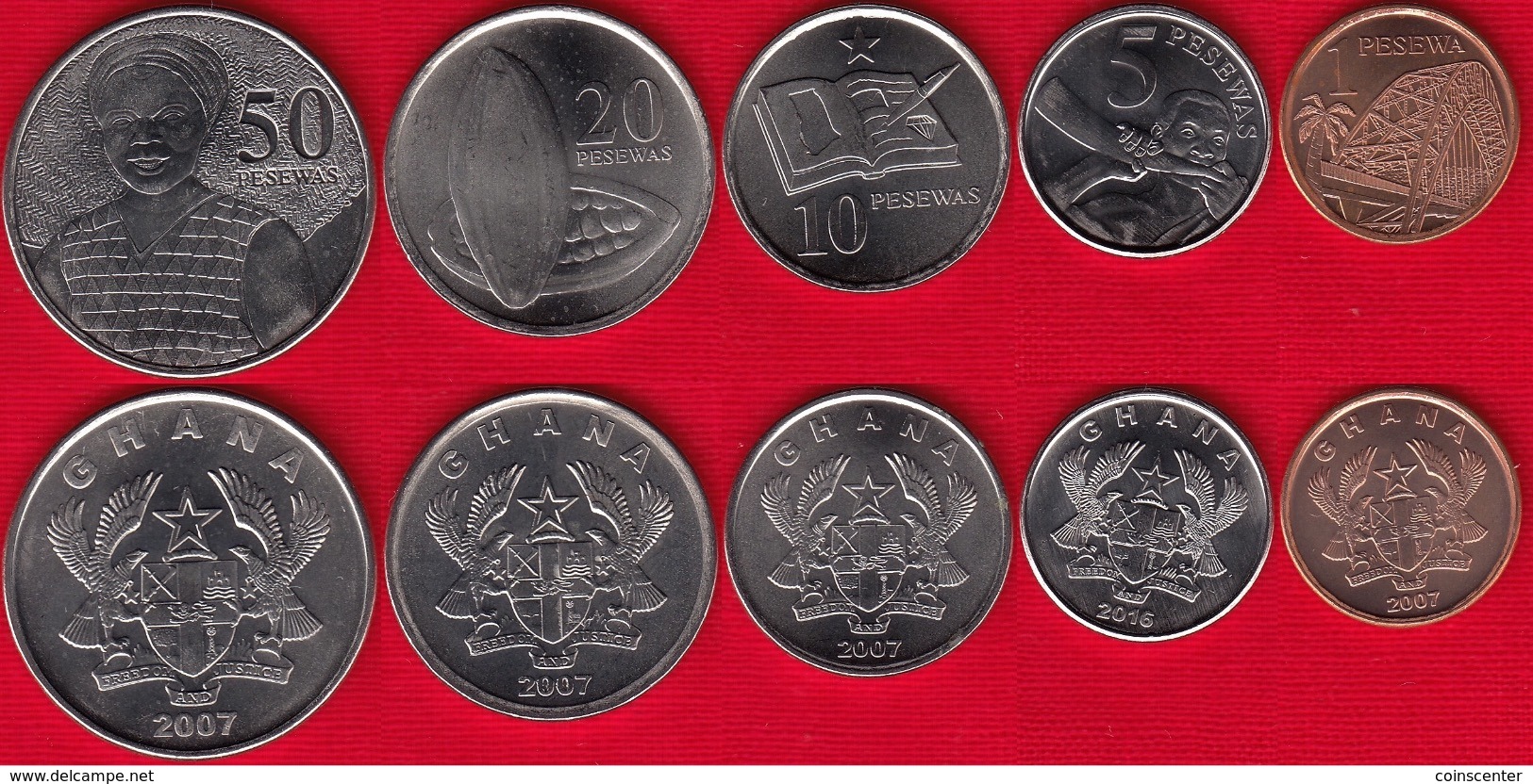 Ghana Set Of 5 Coins: 1 - 50 Pesewas 2007-2016 UNC - Ghana