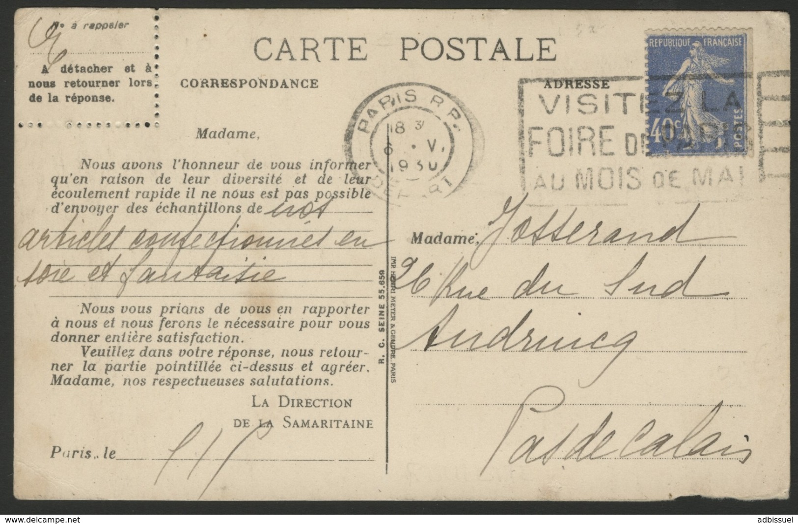 ROULETTE DU N° 237 40ct Outremer Type Semeuse Camée Sur CP De La Samaritaine, Obl. Méc. "PARIS R.P. Départ 6/5/30" - Coil Stamps