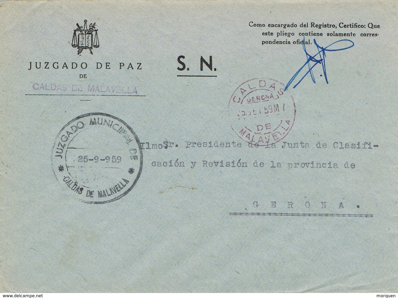 34251. Carta S.N. Franquicia Juzgado Municipal CALDAS De MALAVELLA (Gerona) 1959. Fechador Caldas - Cartas & Documentos