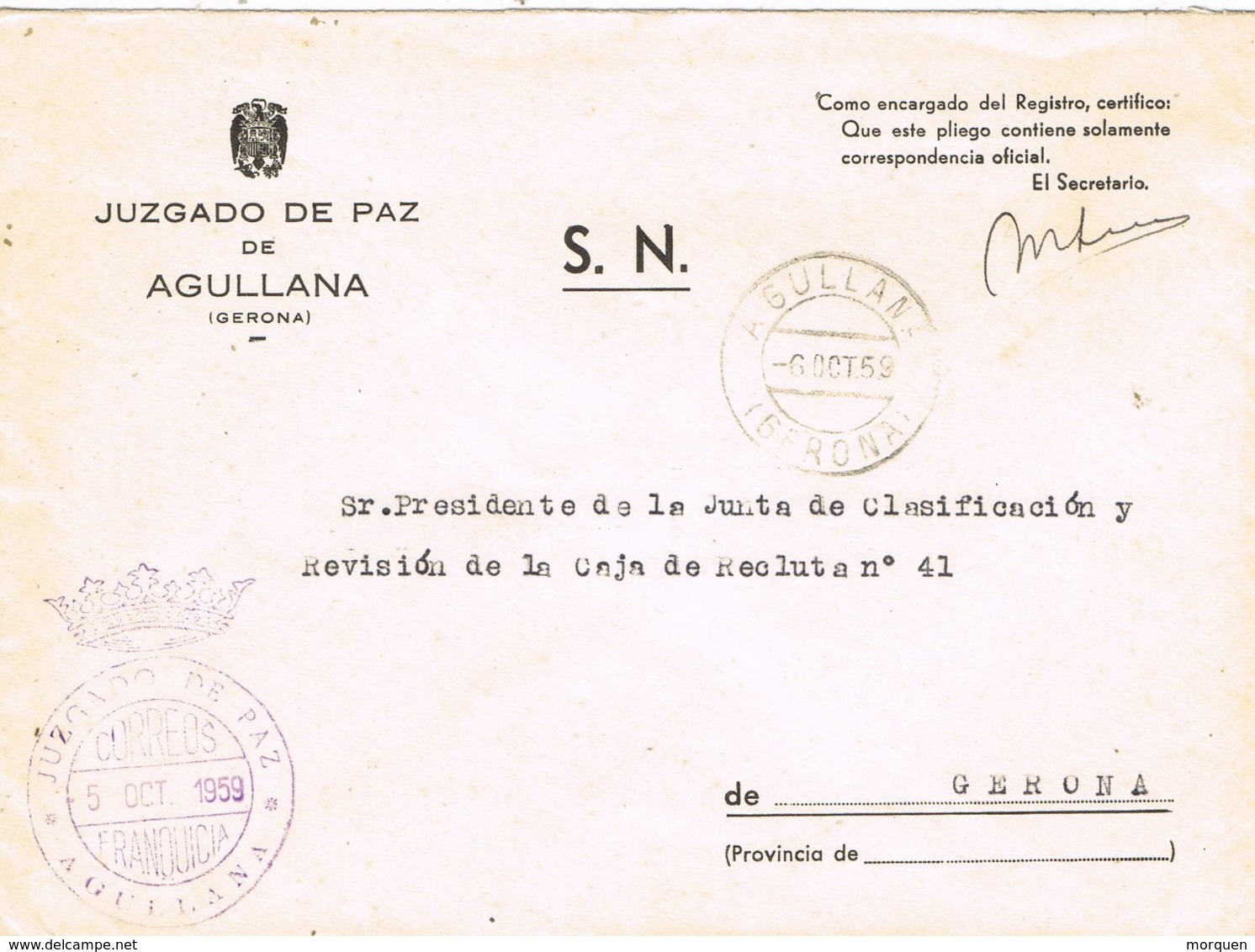 34252. Carta S.N. Franquicia Juzgado De Paz AGULLANA (Gerona) 1959. Fechador Agullana - Cartas & Documentos