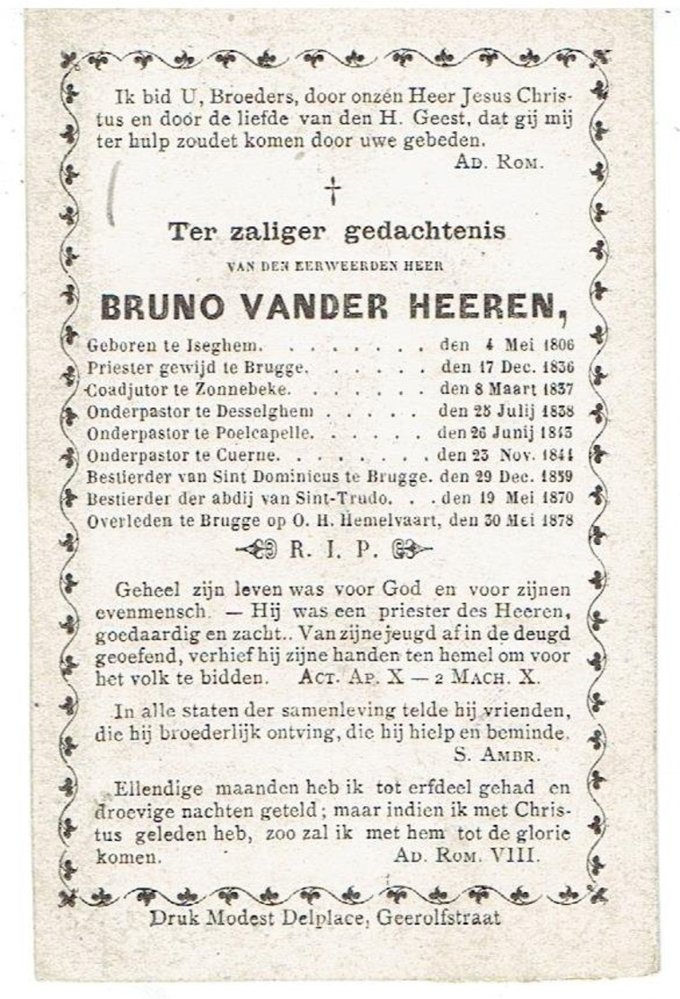 BRUNO VANDER HEEREN - Priester Geb. Iseghem 1806 - Onderpastoor Desselghem - Poelcapelle - Cuerne - Zonnebeke - +1878 - Overlijden