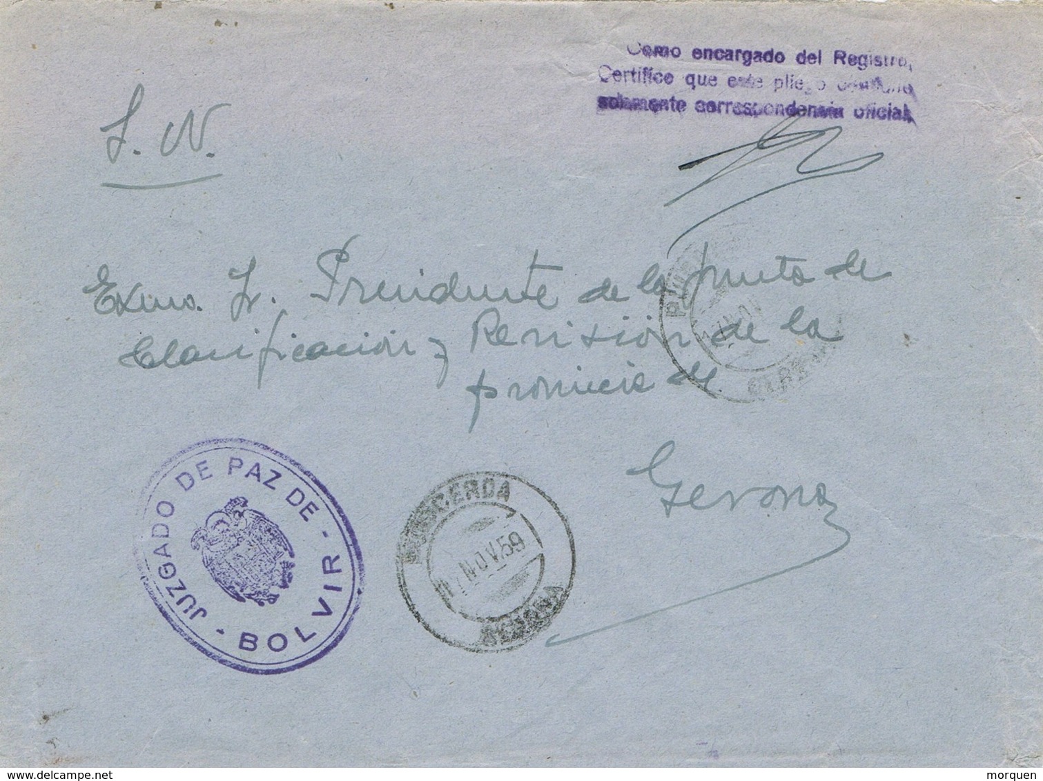 34253. Carta S.N. Franquicia Juzgado De Paz BOLVIR (Gerona) 1959. Fechador Puigcerda - Cartas & Documentos