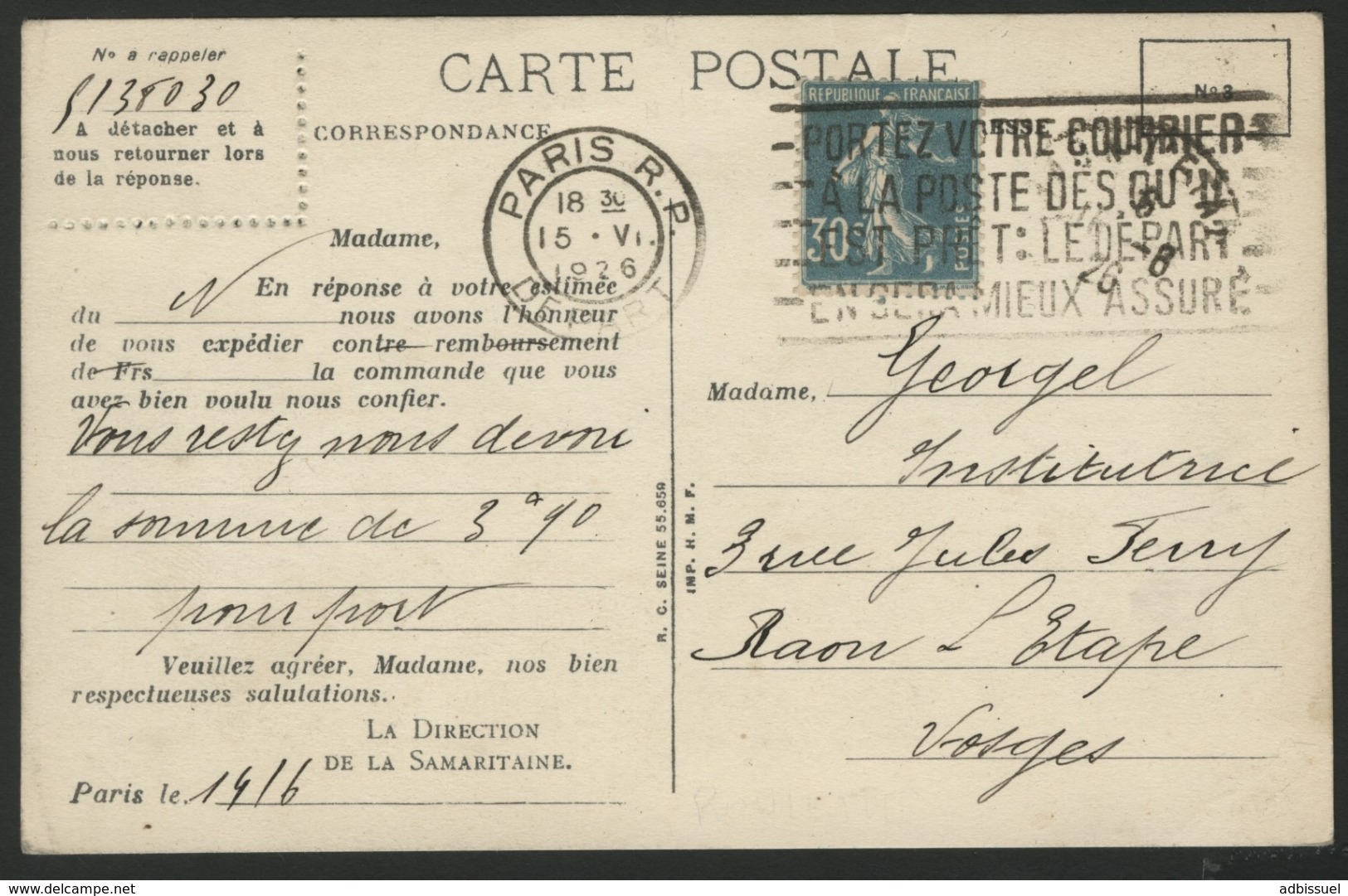 ROULETTE DU N° 192c 30ct Bleu Type II C Semeuse Camée Sur CP De La Samaritaine, Obl. Méc. "PARIS R.P. Départ 15/6/26" - Francobolli In Bobina