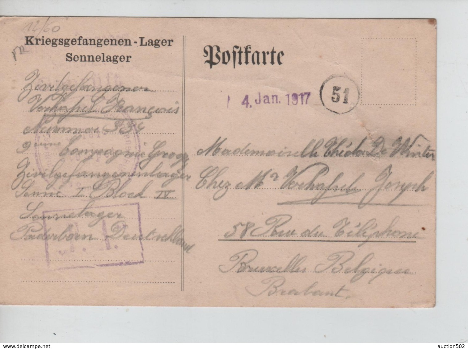 PR7446/ CP PDG-POW-KFS Camp De Paderborn 31/12/1916 Censure Du Camp > BXL - Prisoners