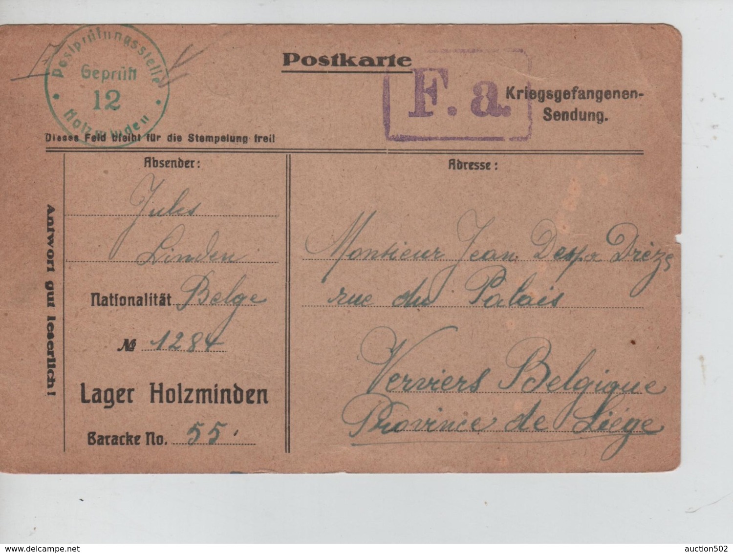PR7447/ CP PDG-POW- Camp De Holzminden 1918 Censure Du Camp > Verviers - Kriegsgefangenschaft