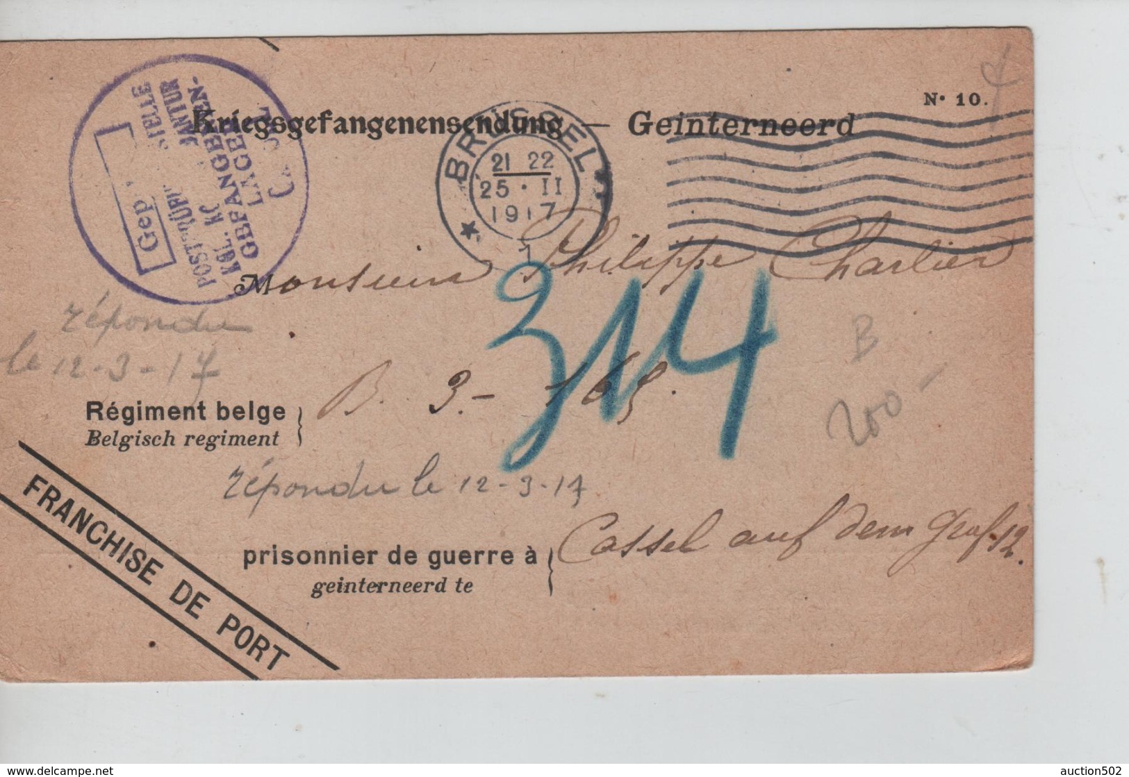 PR7448/ CP PDG-POW-KFS Interné C.BXL 1917 > Cassel(Kassel) Censure Geprüft - Prisonniers