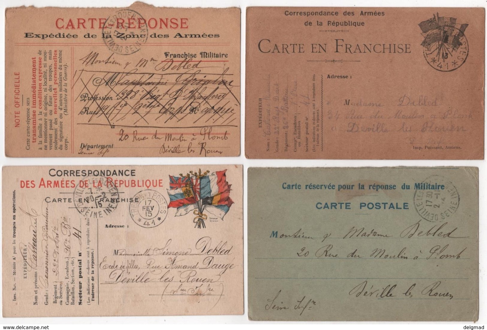 Carte Franchise Militaire Lot De 17 Même Correspondance Debled Deville Les Rouen - Lettres & Documents