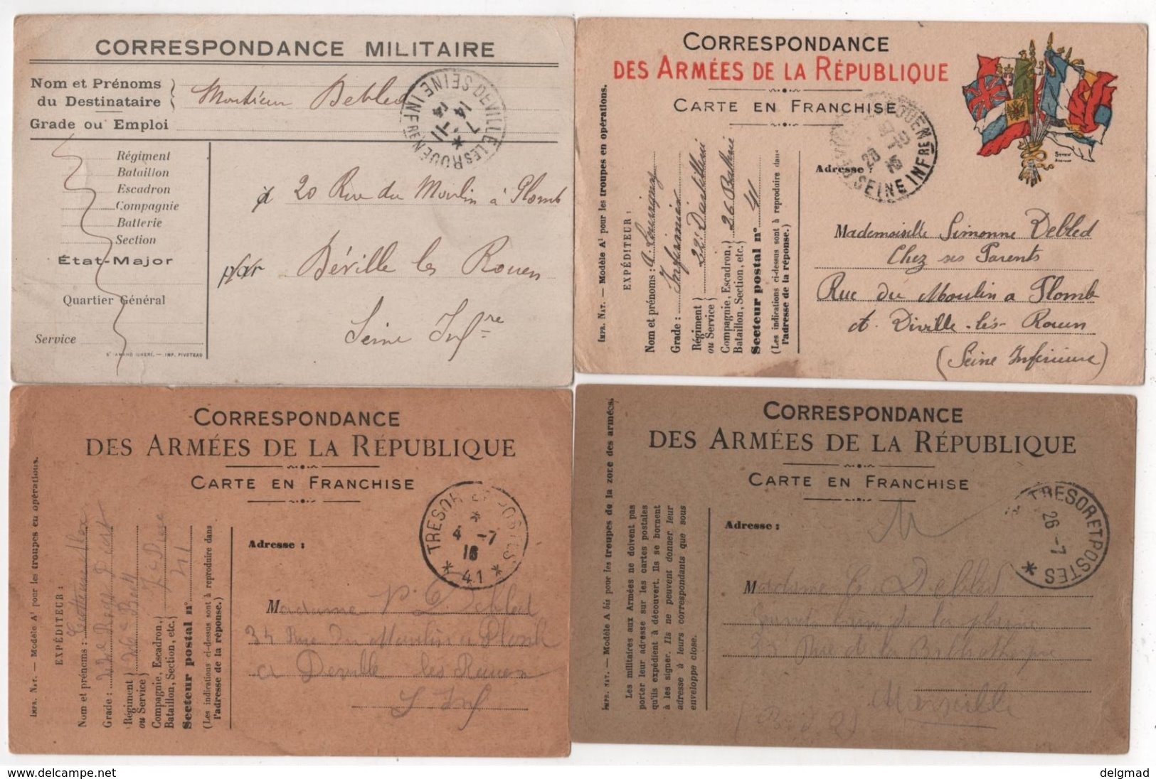 Carte Franchise Militaire Lot De 17 Même Correspondance Debled Deville Les Rouen - Lettres & Documents