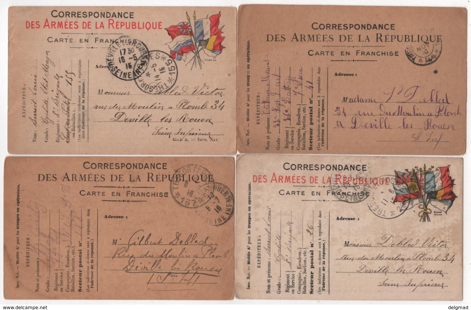 Carte Franchise Militaire Lot De 17 Même Correspondance Debled Deville Les Rouen - Lettres & Documents