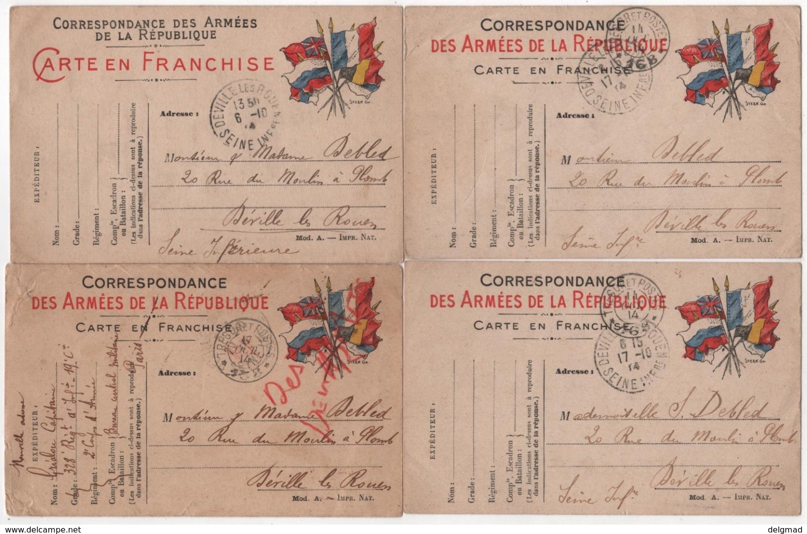 Carte Franchise militaire lot de 17 même correspondance Debled Deville les Rouen