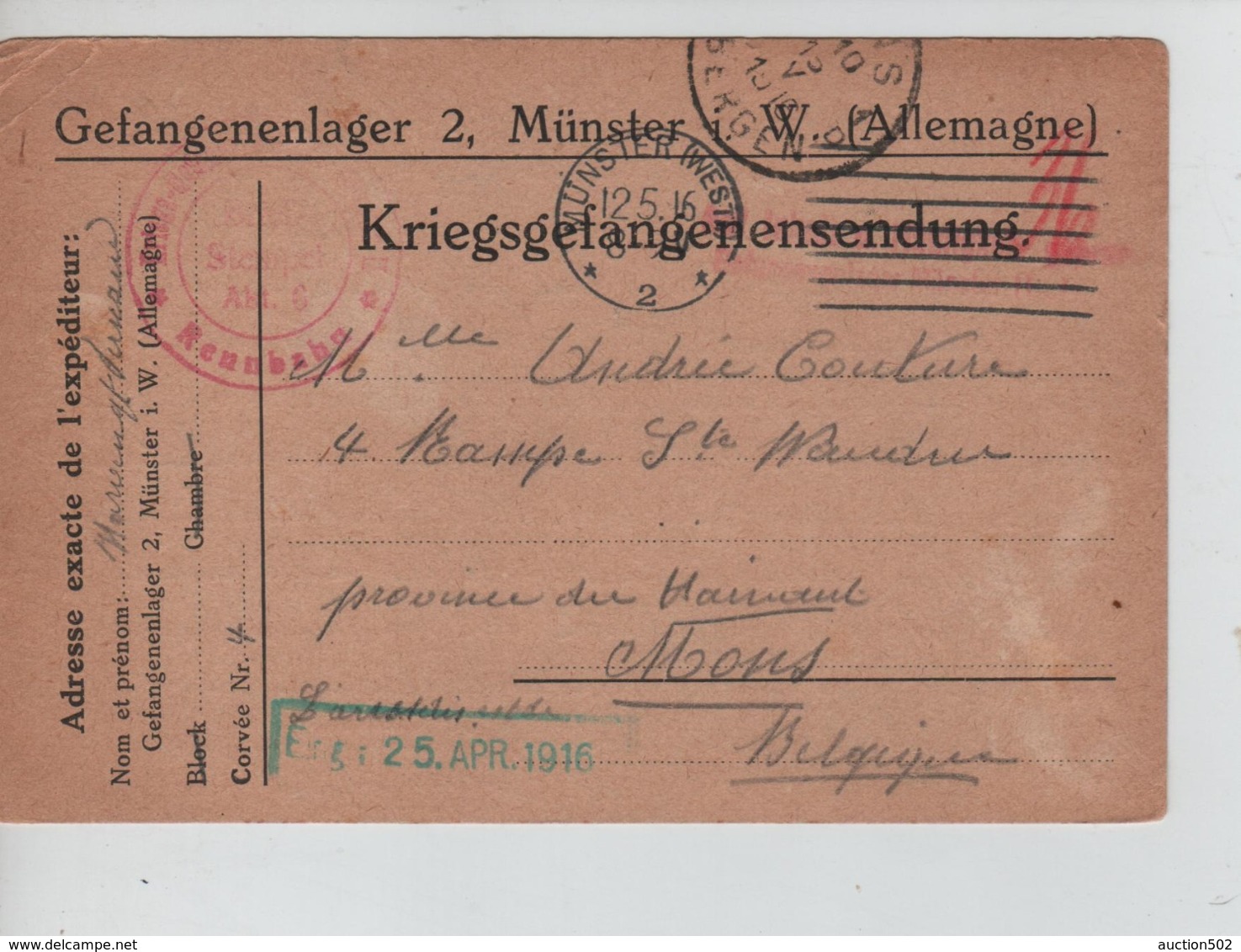 PR7450/ CP PDG-POW-KFS Munster 1916 > Mons C.d'arrivée Censure Geprüft - Kriegsgefangenschaft