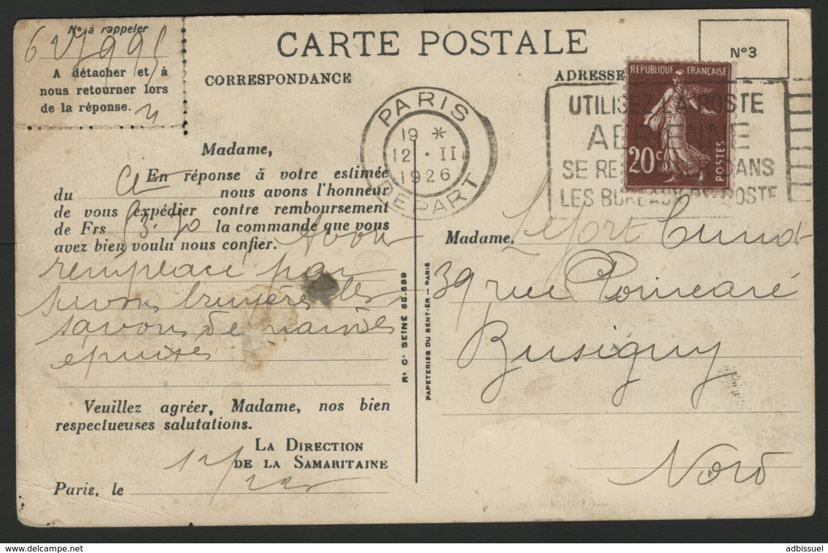 ROULETTE DU N° 139c 20ct Lilas-brun Type IV Semeuse Camée Sur CP De La Samaritaine, Obl. Méc. "PARIS Départ 12/2/26" - Coil Stamps